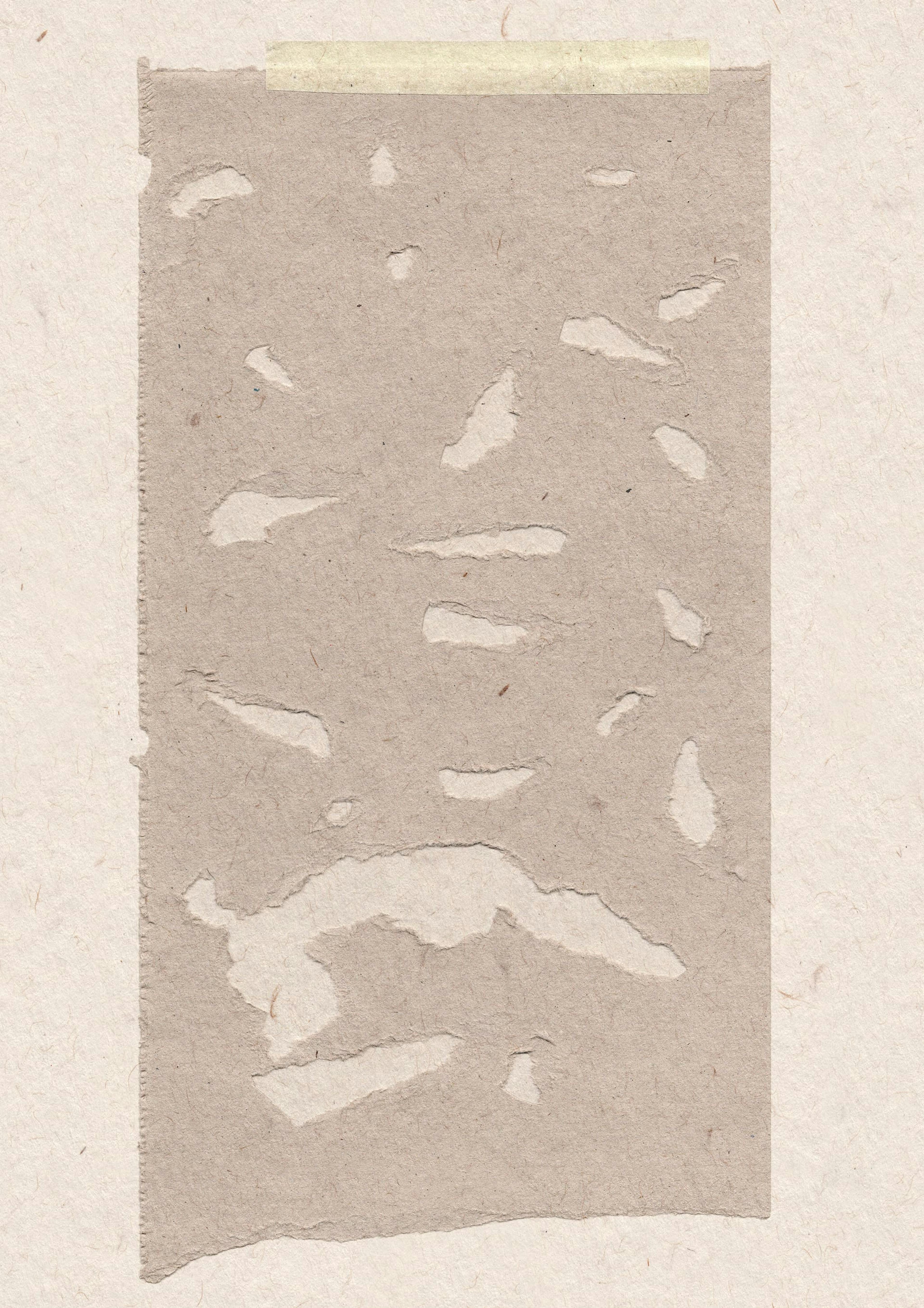 A dark grey sheet of paper with small teared holes and a strip of masking tape is placed on top of a light grey sheet of paper. 