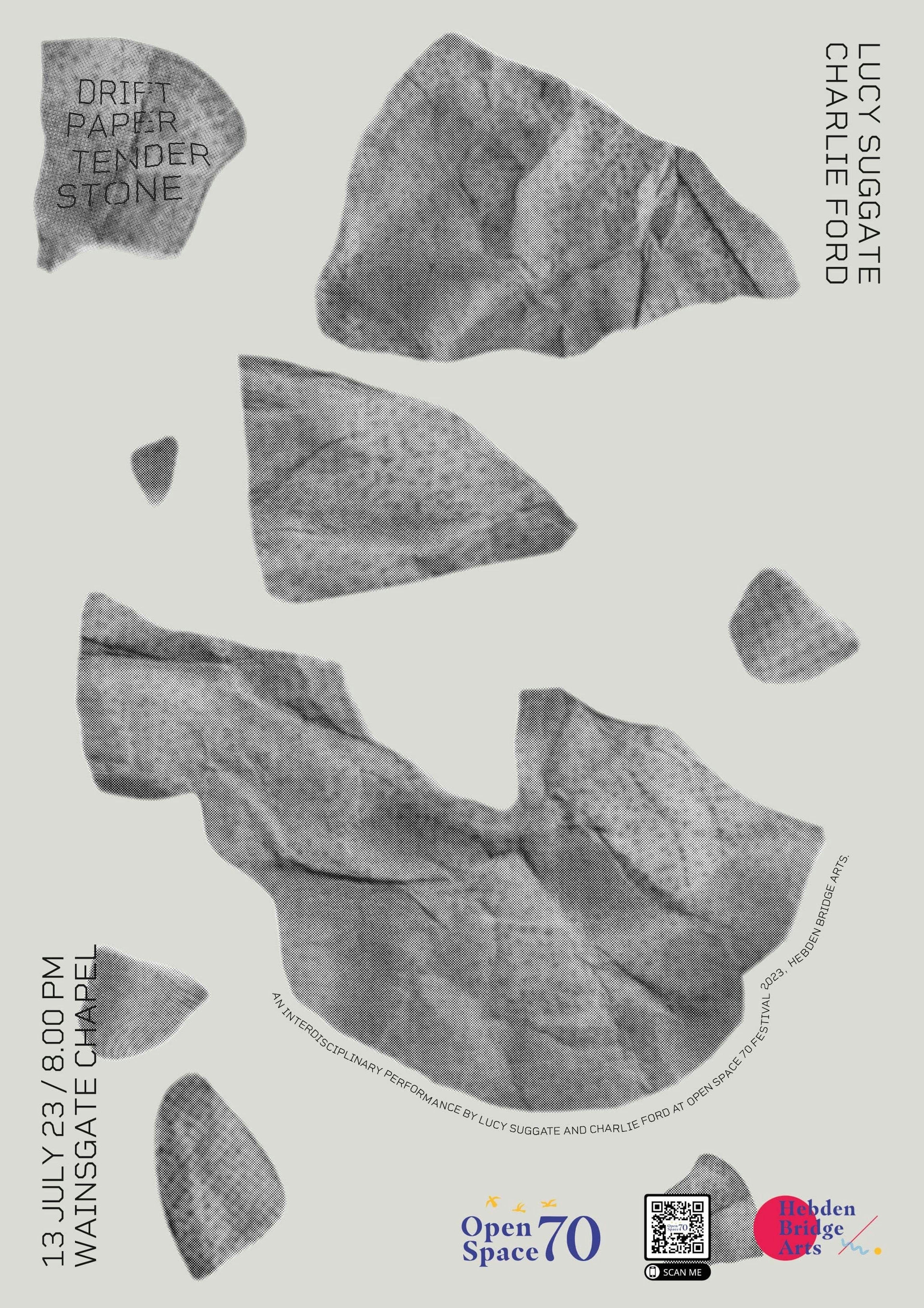 Poster design for Drift Paper Tender Stone, an interdisciplinary work performed by Lucy Suggate and Charlie Ford in 2023, which shows black text on a grey background with small and large grey stones covering the surface.