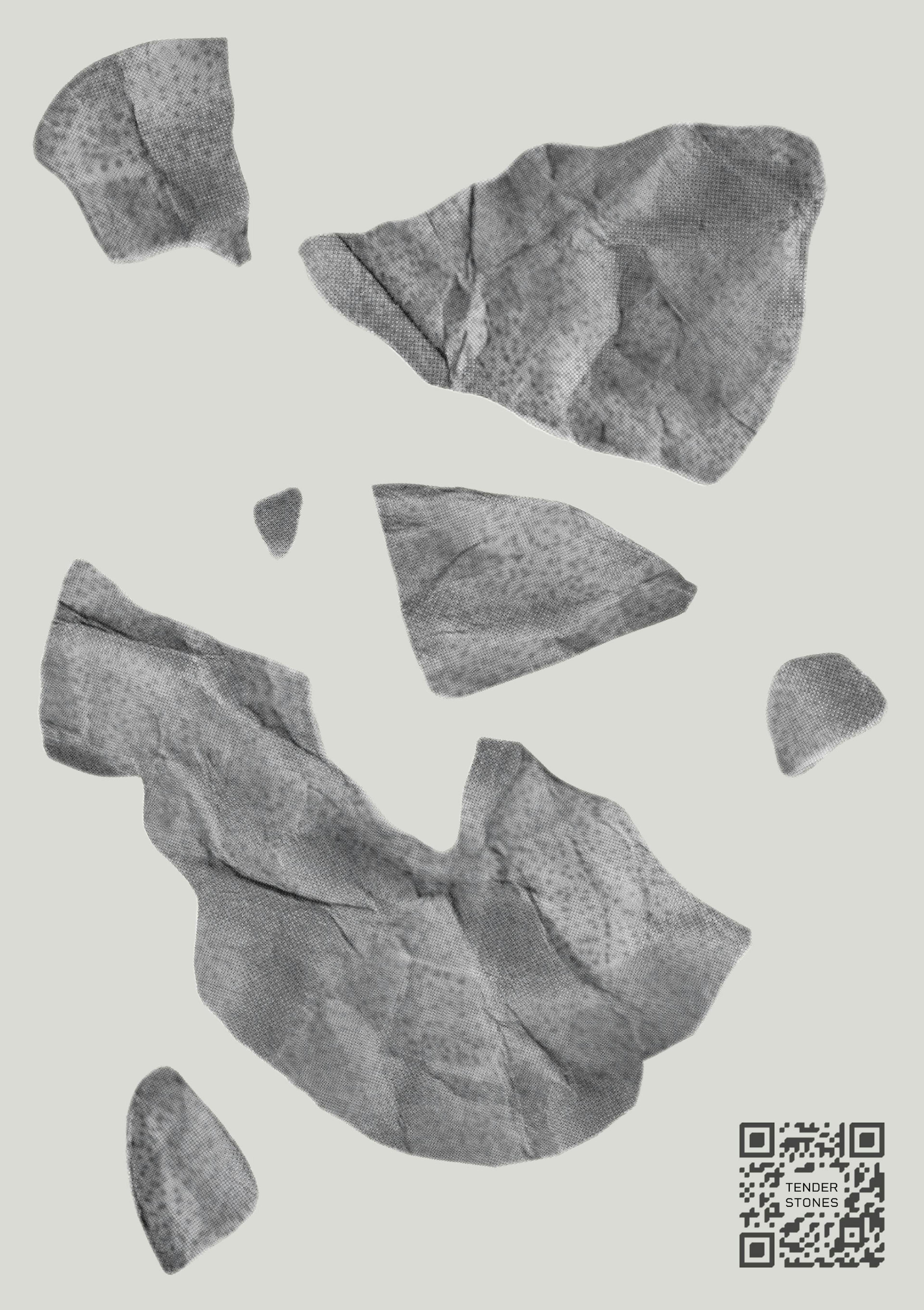 Postcard design for Tender Stones, an interdisciplinary work performed by Lucy Suggate and Charlie Ford in 2023, which shows a grey background with small and large grey stones covering the surface.