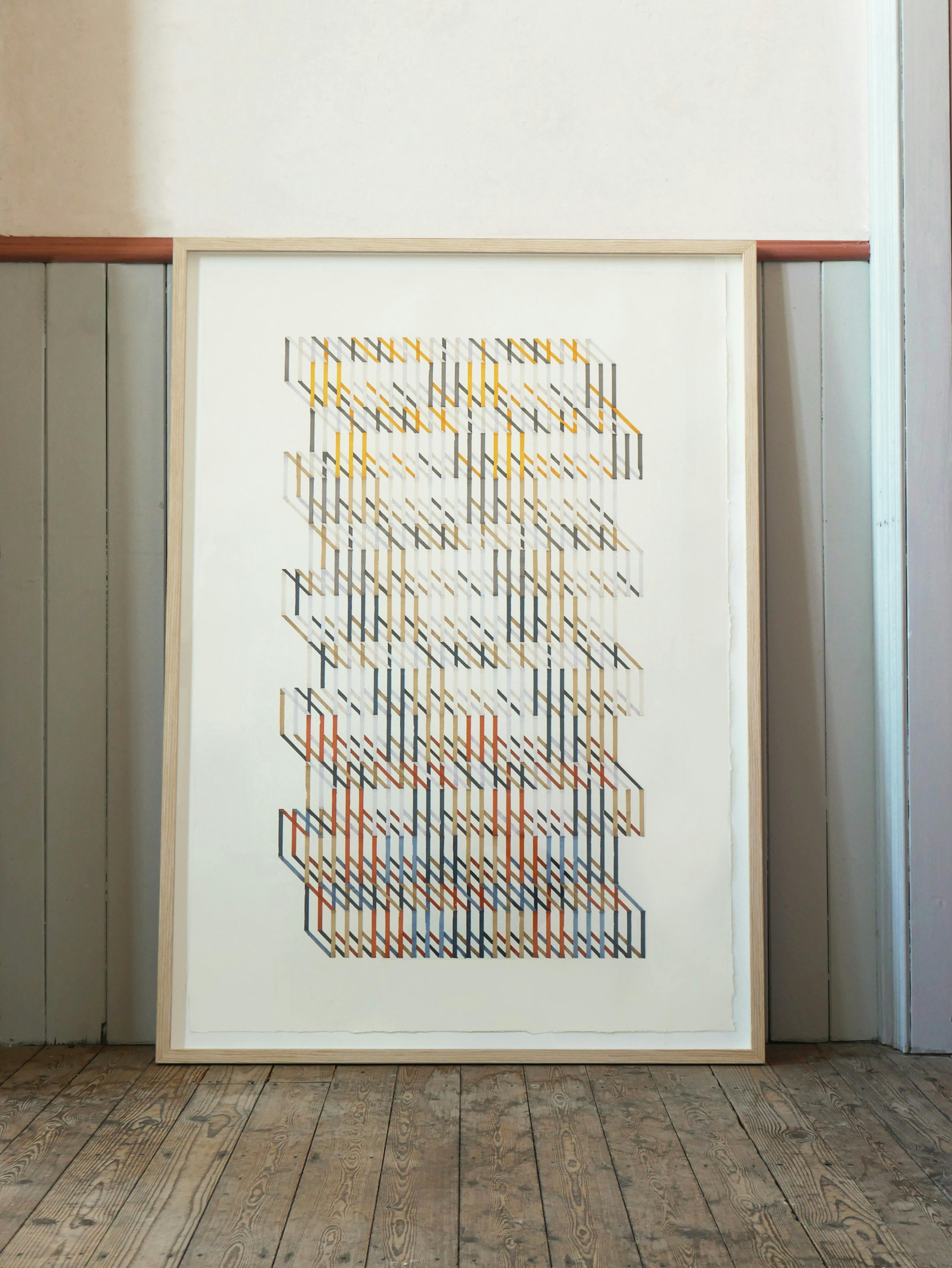 A marker pen drawing on white coloured paper of formations of three-dimensional squares that resemble the structure of an escalator. 