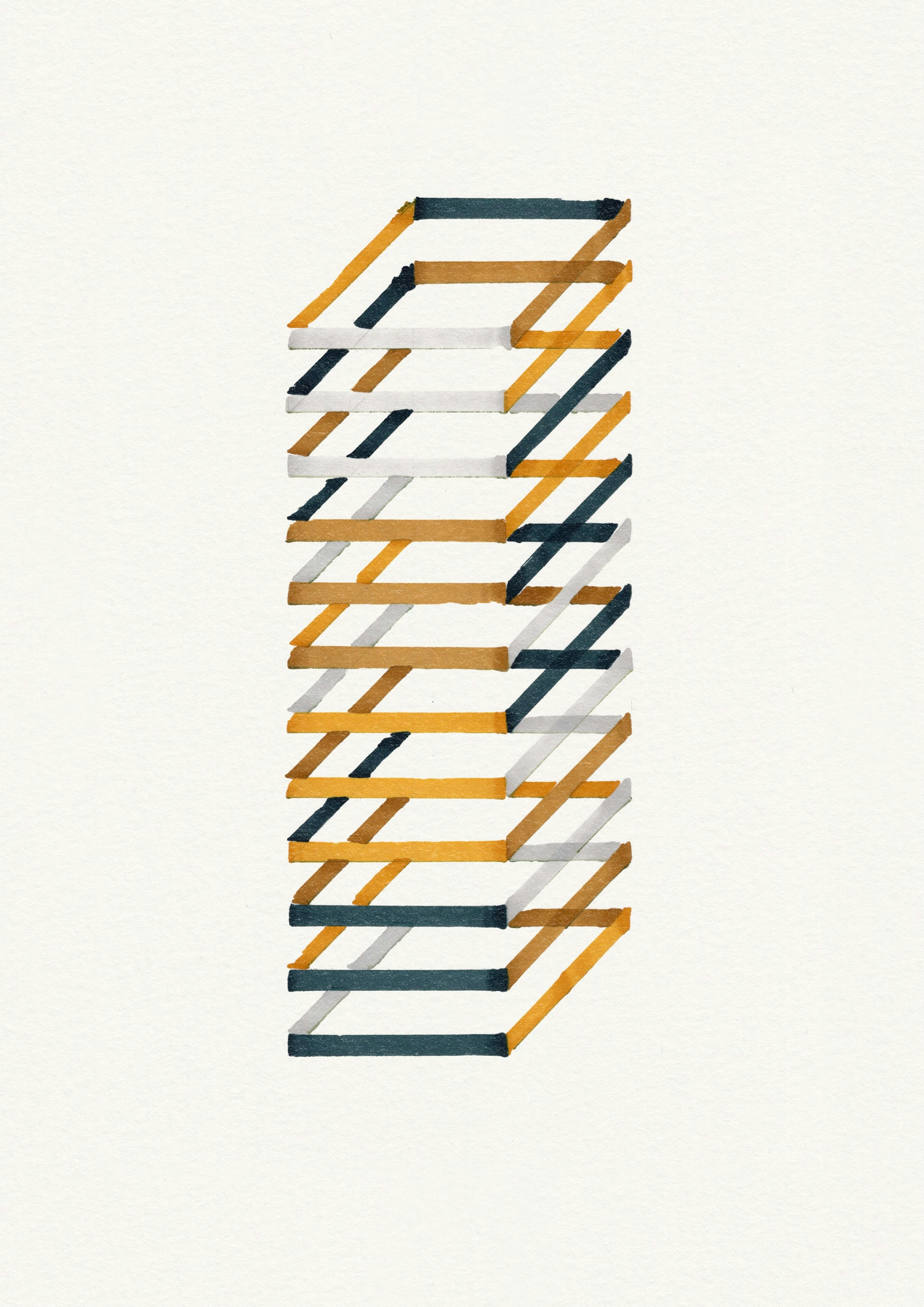 A marker pen drawing on white coloured paper of formations of three-dimensional squares that resemble the structure of an escalator. 