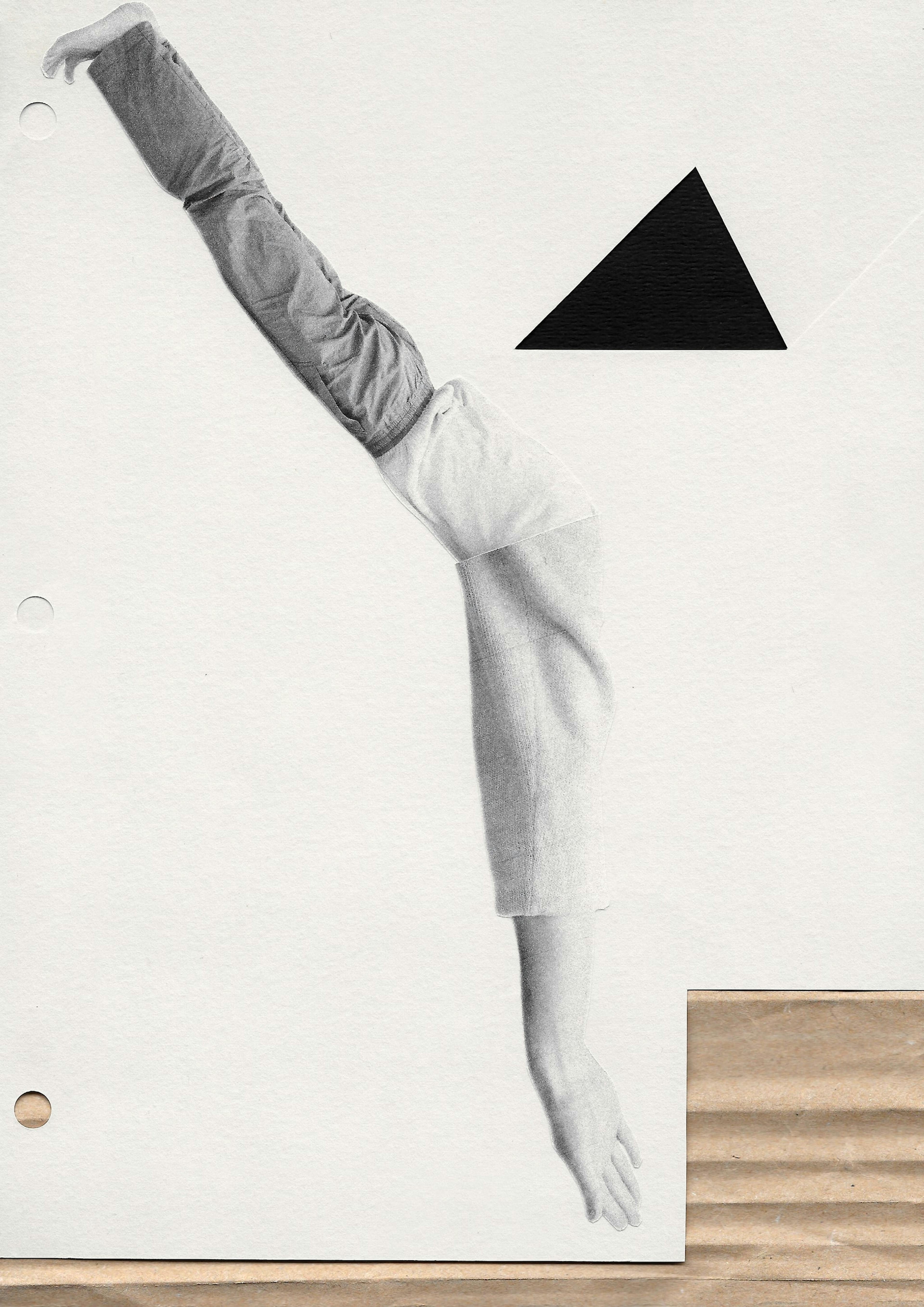 A mixed media collage containing two separate photographs of a human torso and an arm that are joined together.