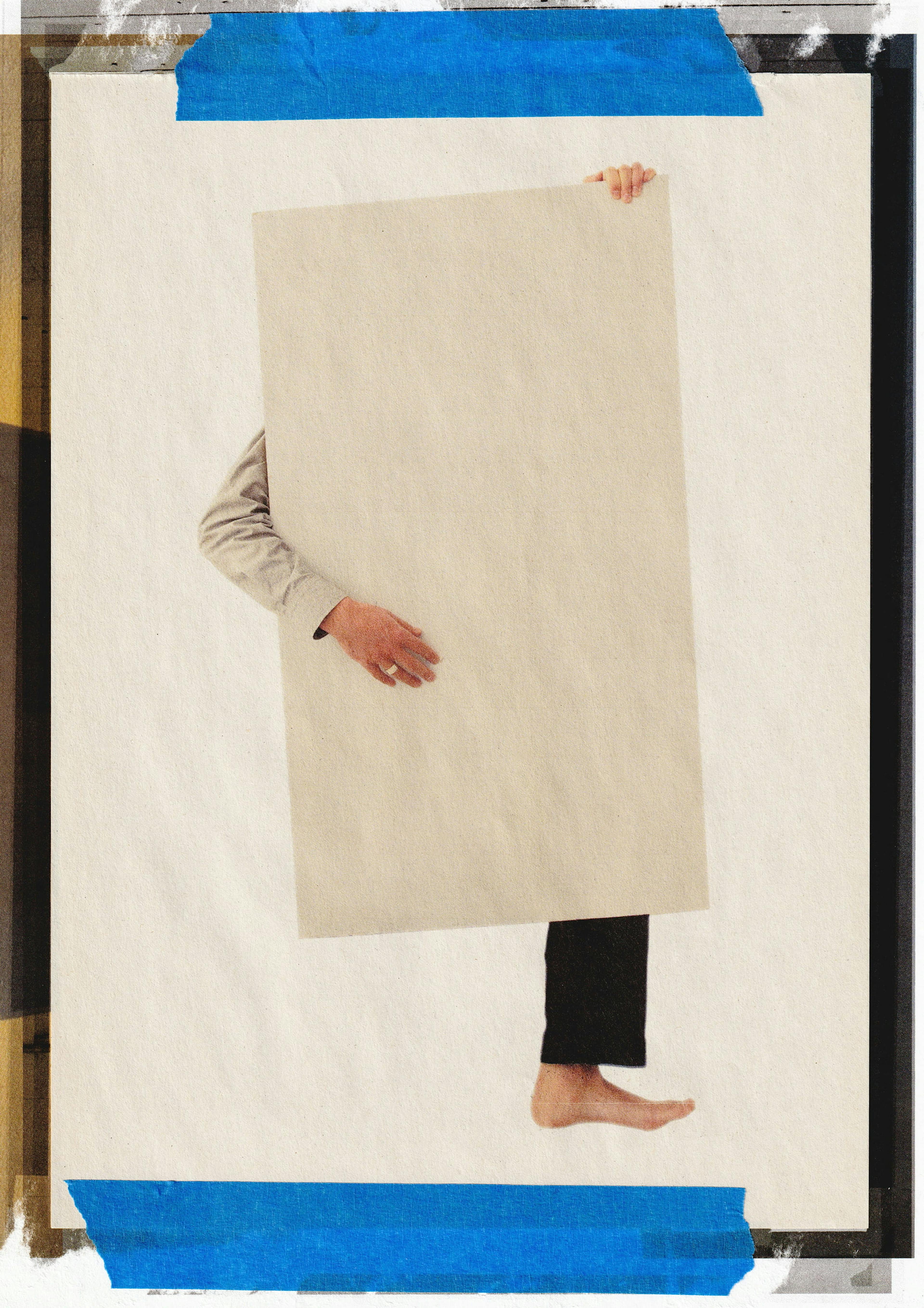 Mixed media collage and colour photograph of a standing human figure partially concealed by a large grey rectangle. 