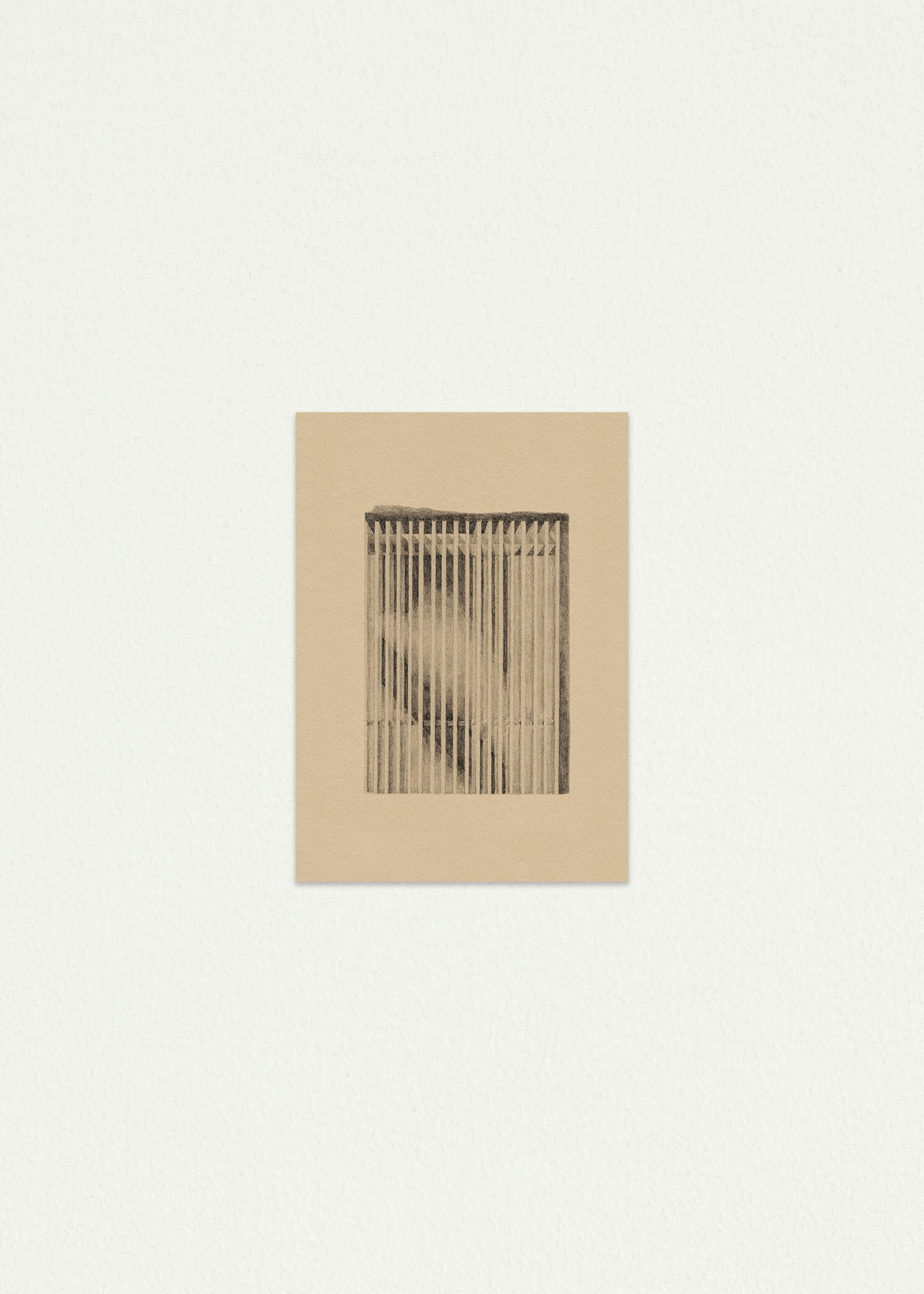 A pencil drawing on natural coloured paper of an industrial radiator in sunlight on a white wall background.