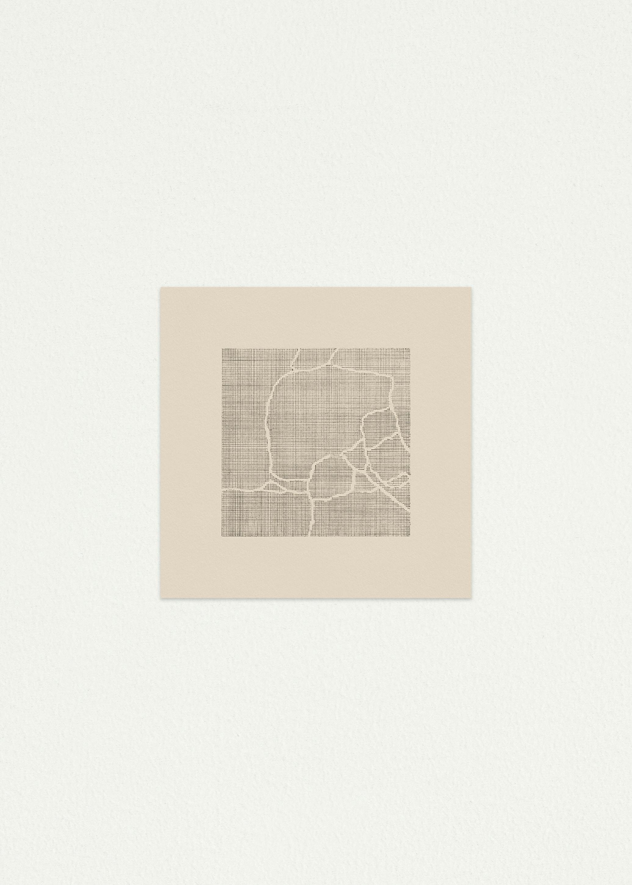 Pencil drawing on ivory coloured paper of vertical and horizontal lines forming a grid that is broken by cracks on a white wall background.