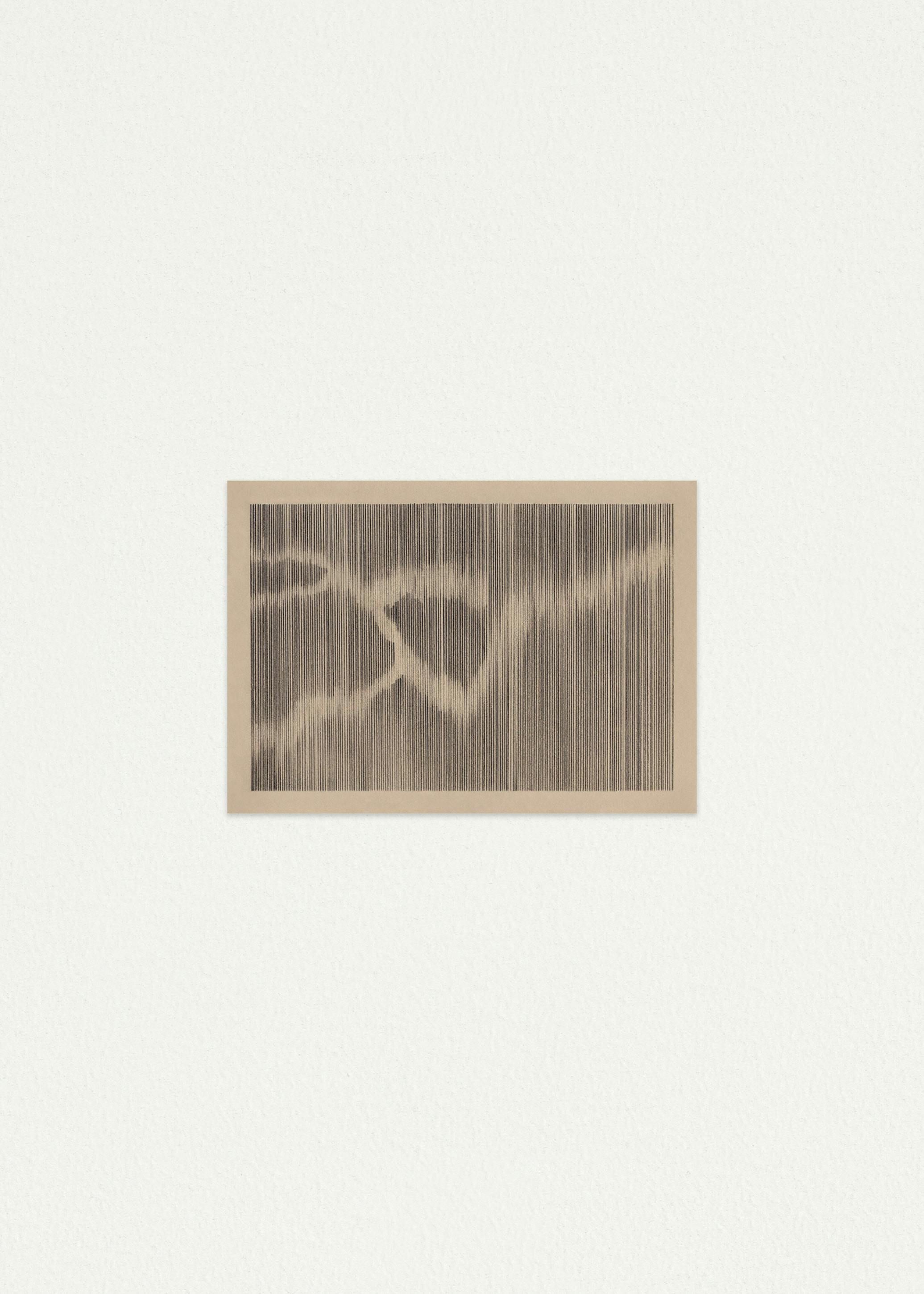 Pencil drawing on natural coloured paper of light and dark vertical lines that form the appearance of a crack on a white wall background.