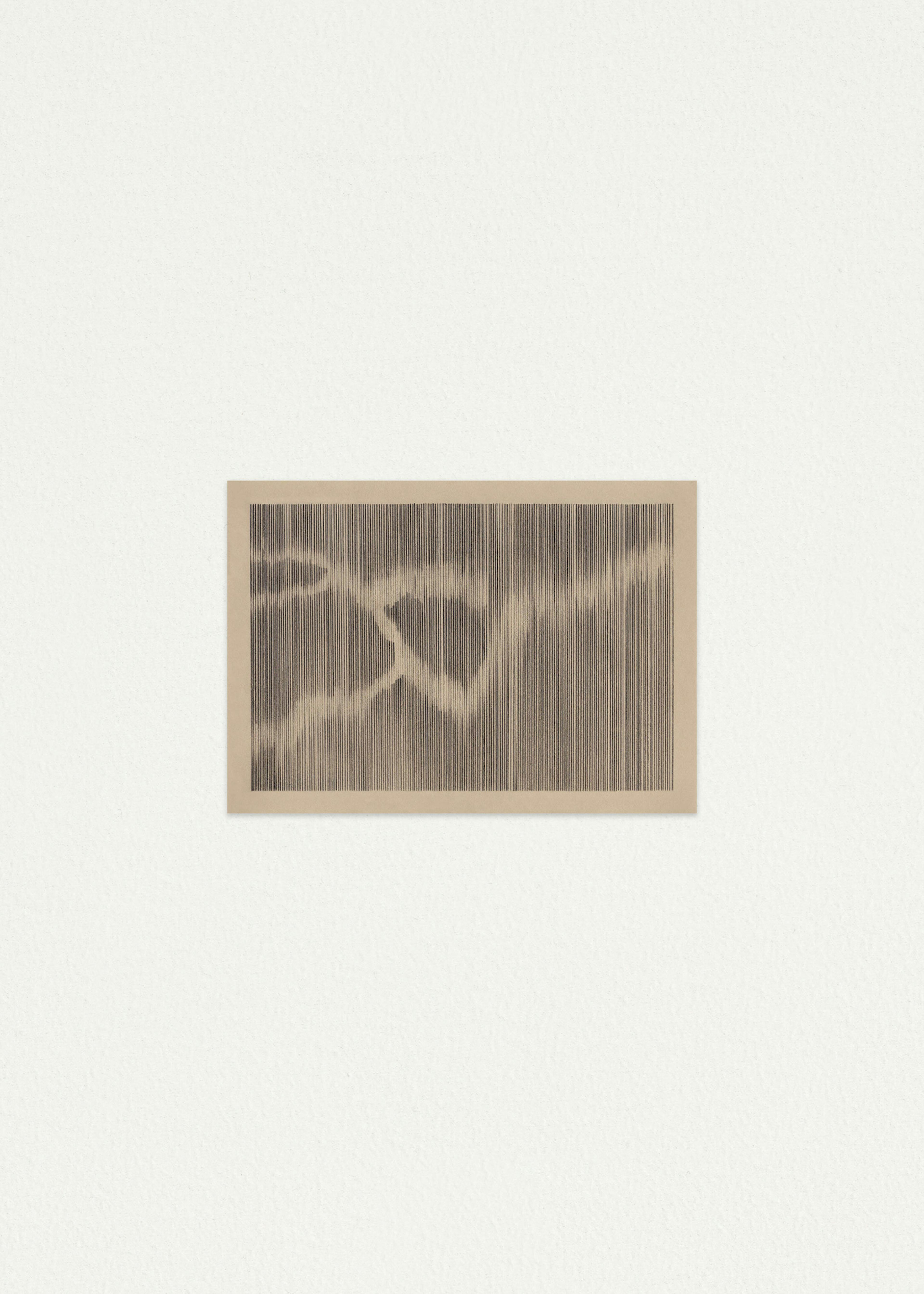 Pencil drawing on natural coloured paper of light and dark vertical lines that form the appearance of a crack on a white wall background. 