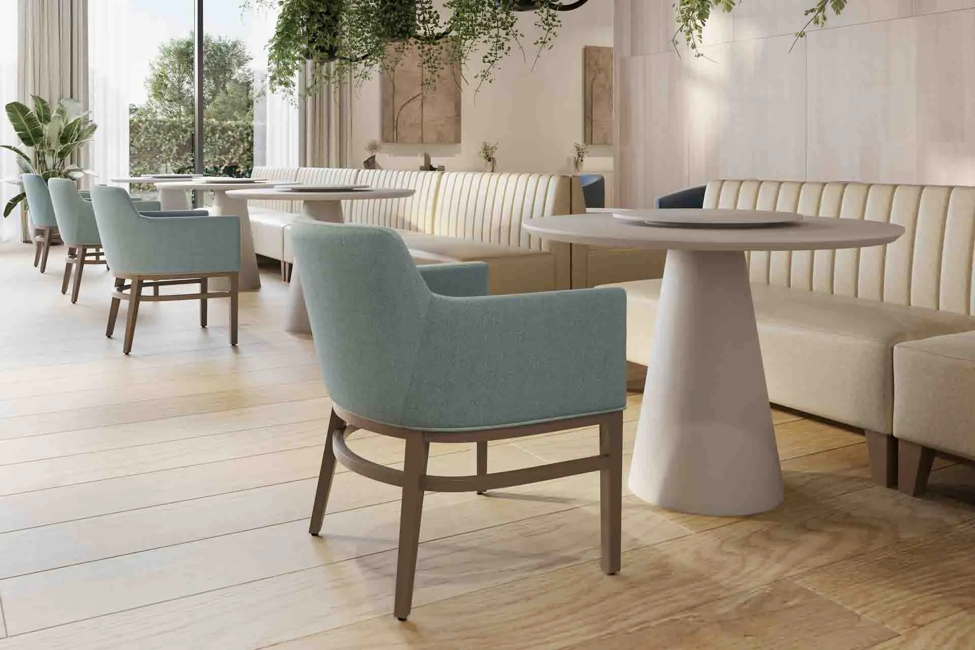 Comfortable and stylish senior living dining area with custom furniture.