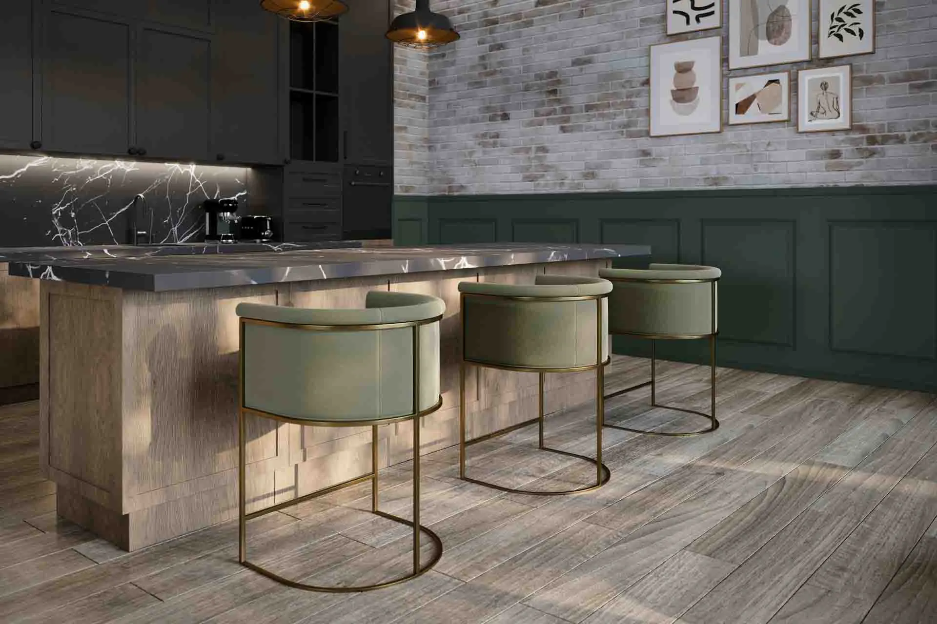 Stylish bar area with custom furniture in senior living space.