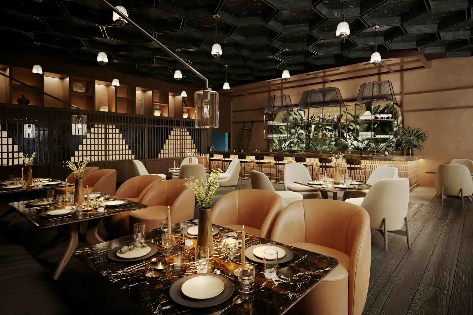 Hospitality dining interior with stylish custom furniture.