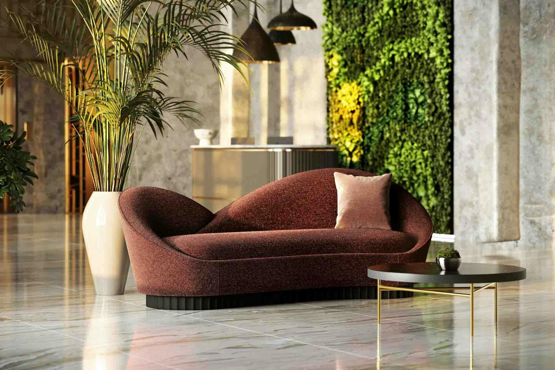 Stylish hotel lobby with custom seating and greenery, showcasing high-end hospitality furniture ideal for resort spaces.