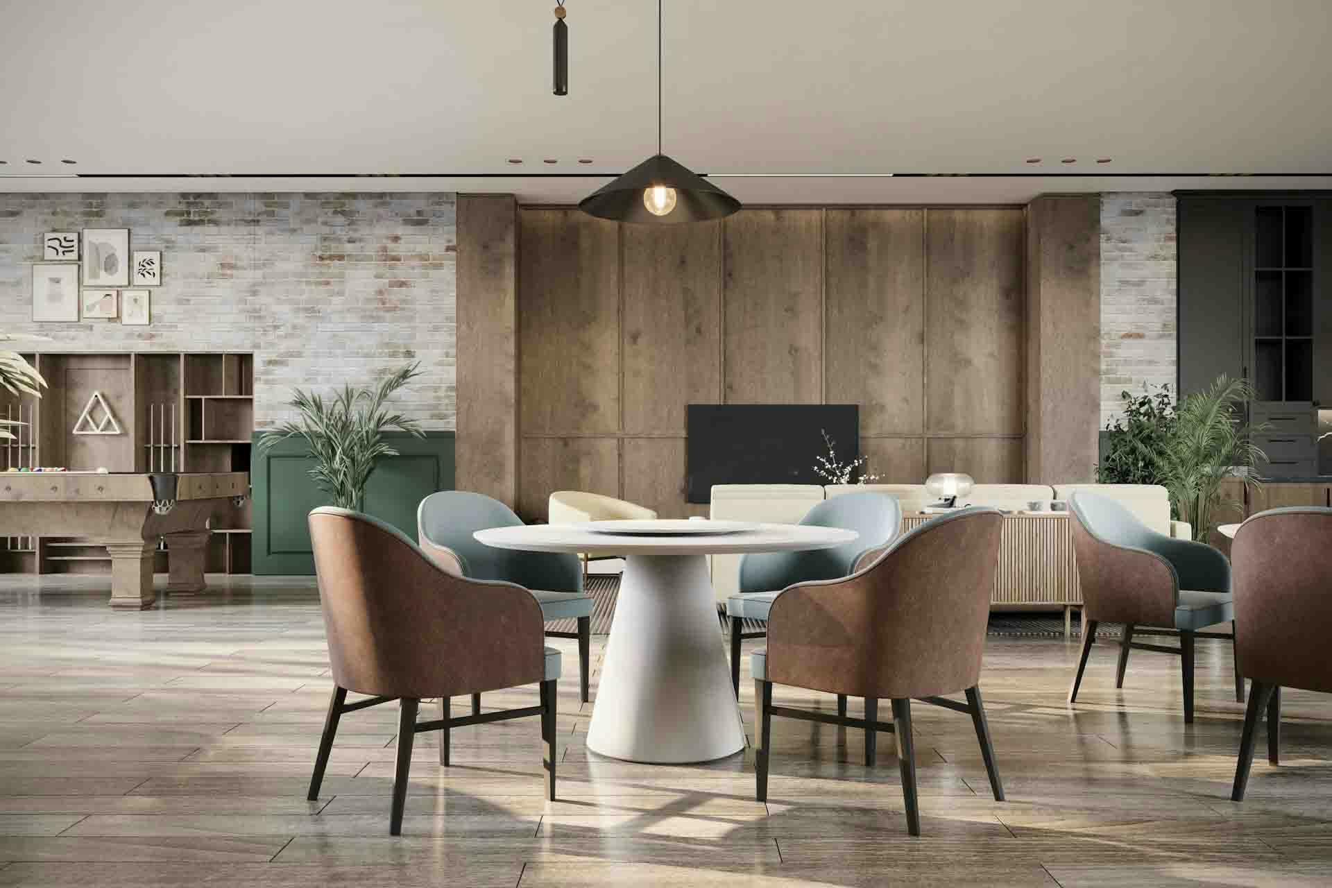 Senior living interior with stylish custom tables and chairs.