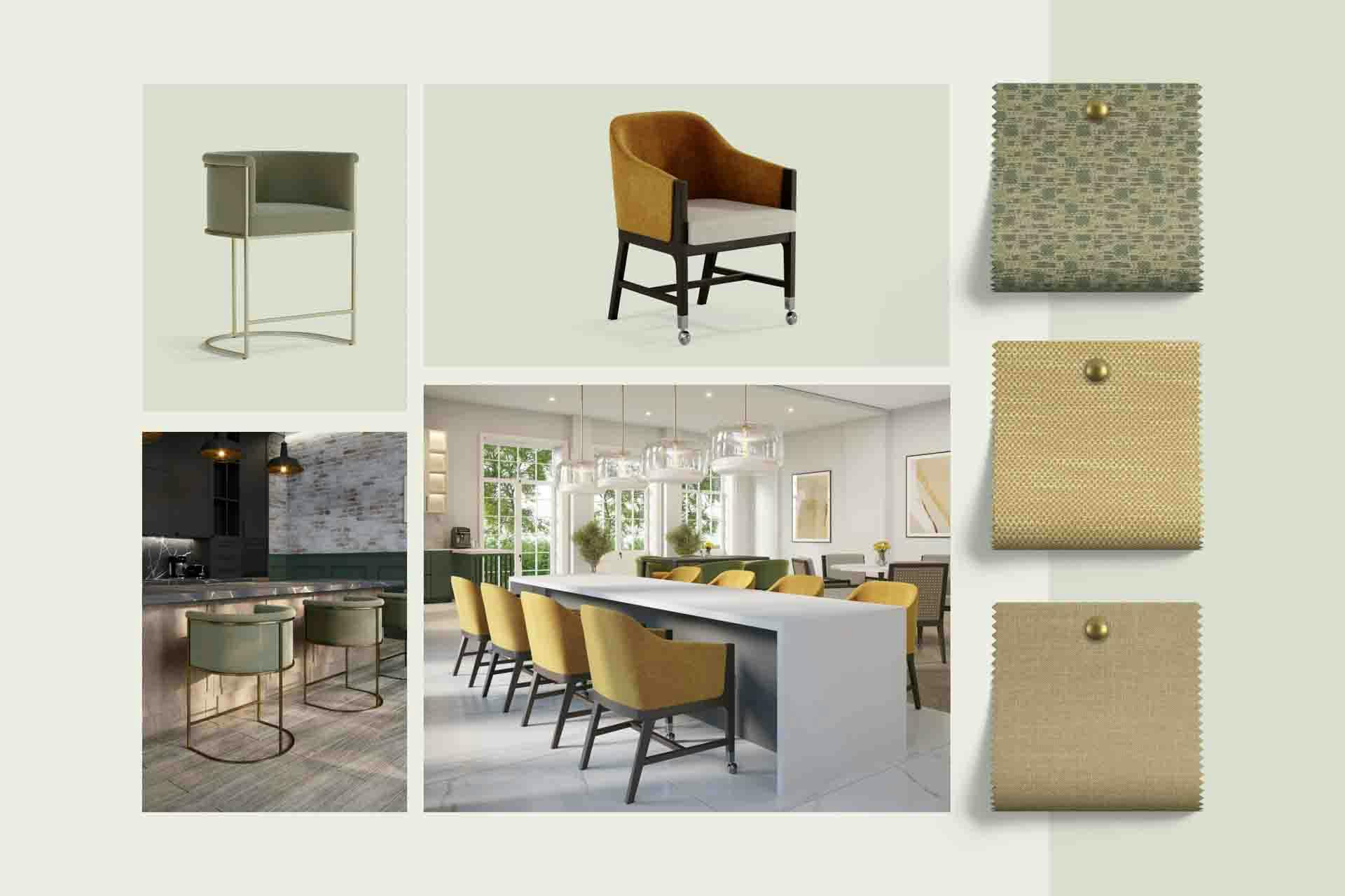 Collage of different custom furniture types for senior living spaces.