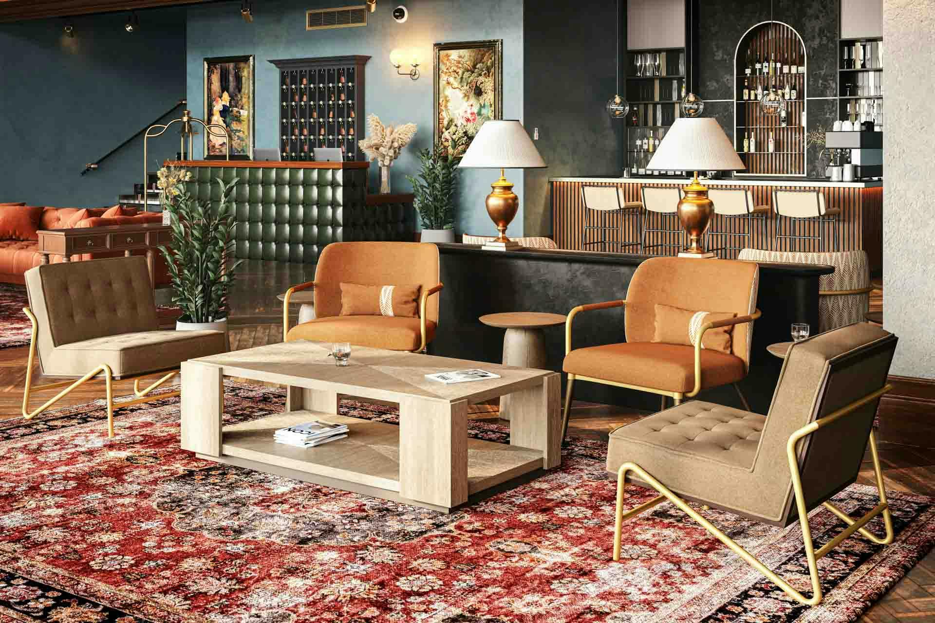 Stylish hospitality interior with custom lounge furniture.