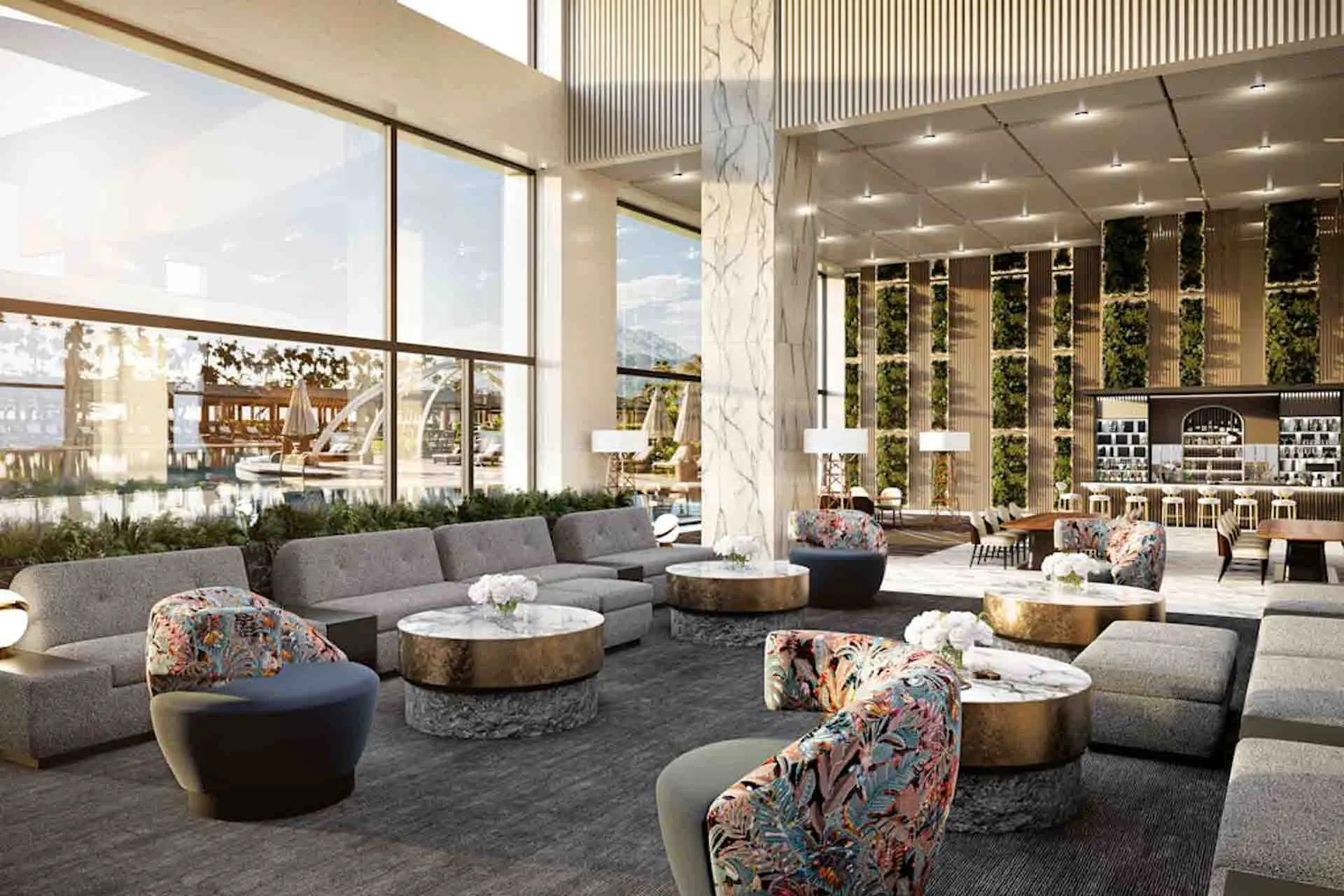 Stylish and airy hospitality interior featuring seating with built-in charging ports.