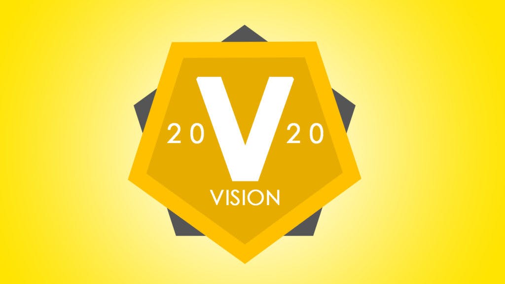 Graphic for the 2020 Vision logo, which is a orange hexagon with the letter V and 2020 inside