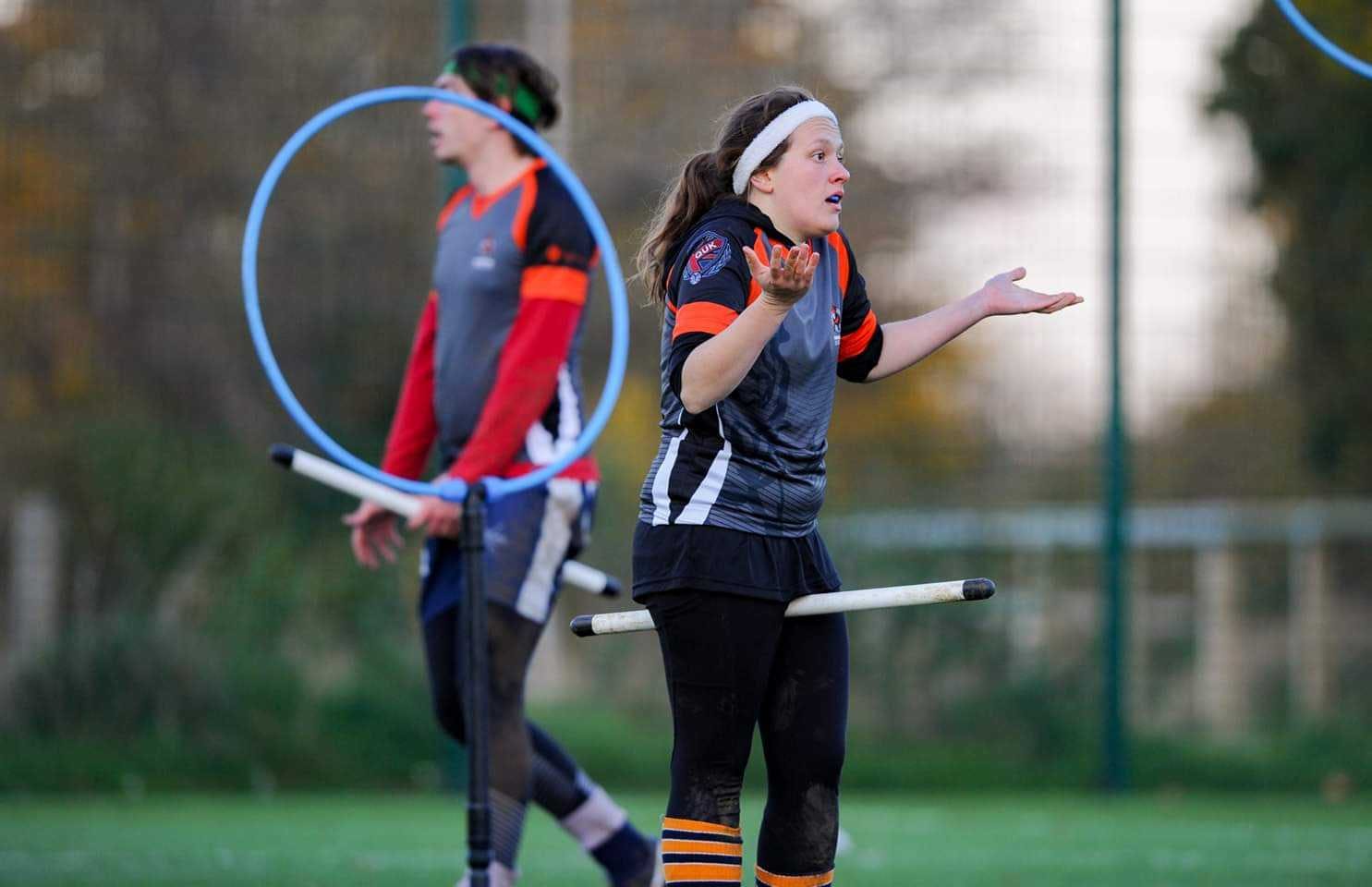 Fran Morris shrugs on broom during a match