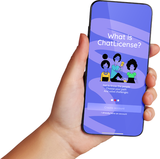 A hand holding a smartphone showing the ChatLicense app