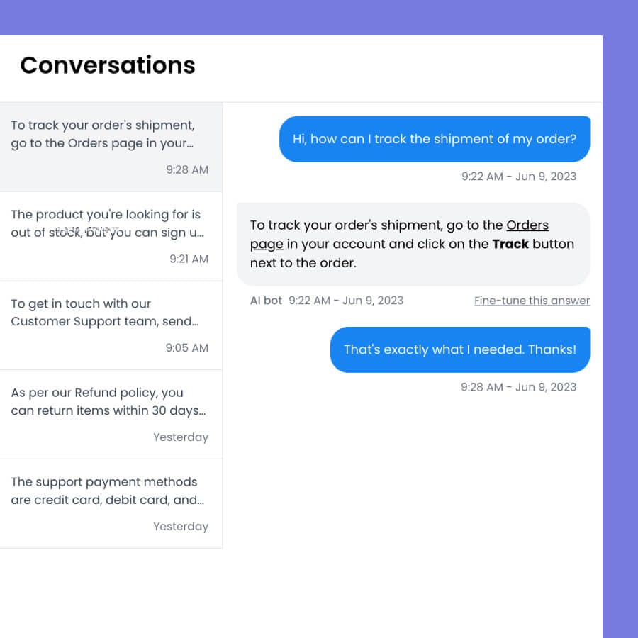 View chatbot conversations and fine tune answers