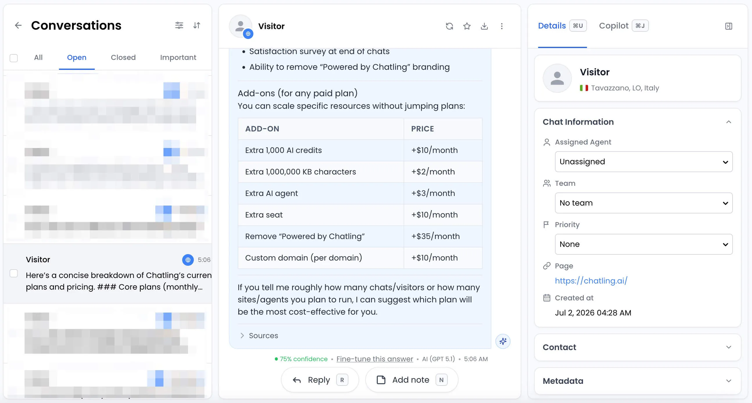chatling conversation dashboard