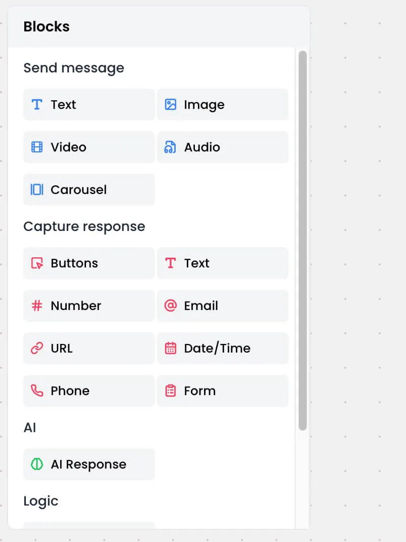 blocks menu for supported tasks