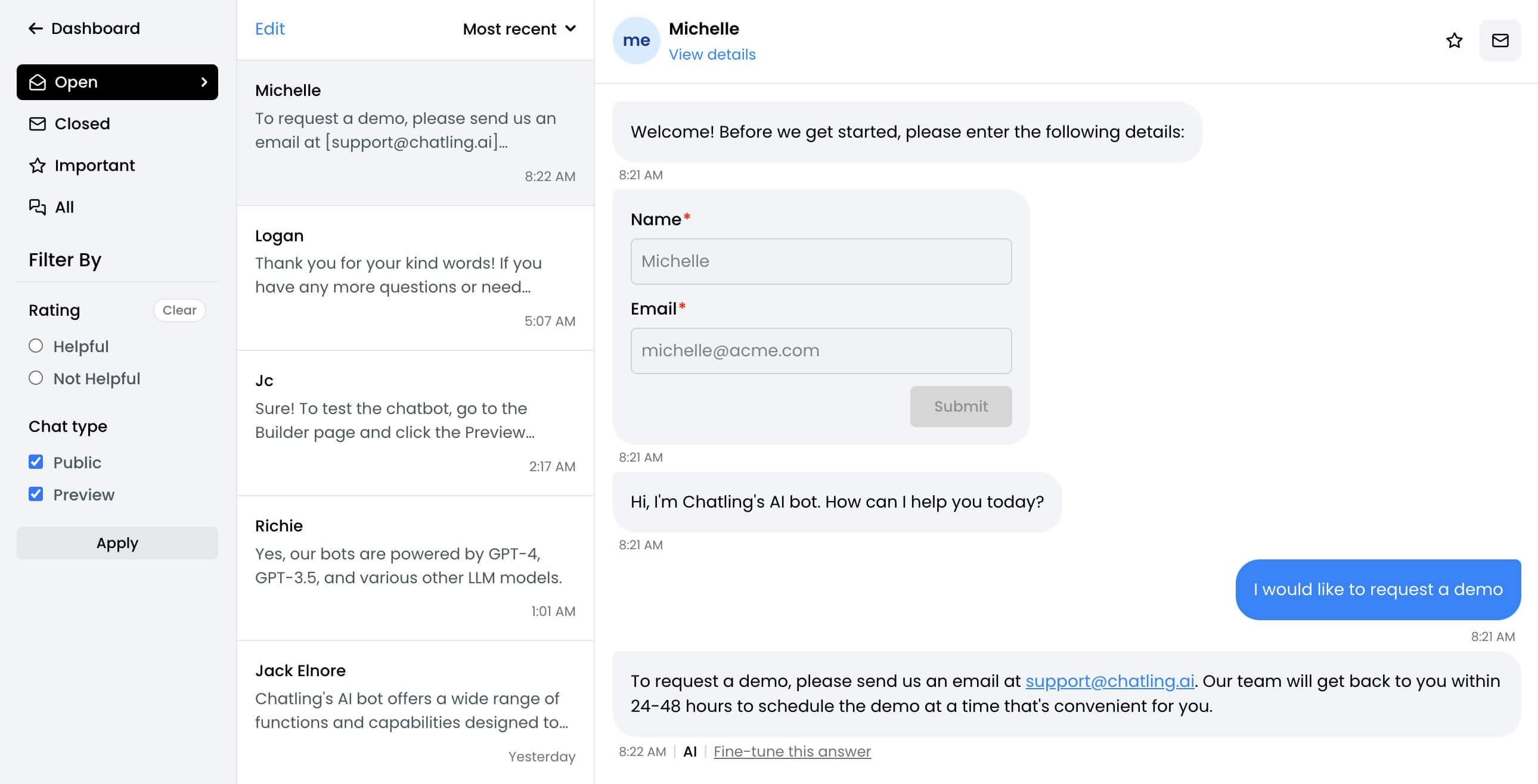 Monitor chatbot's conversations and fine-tune AI responses
