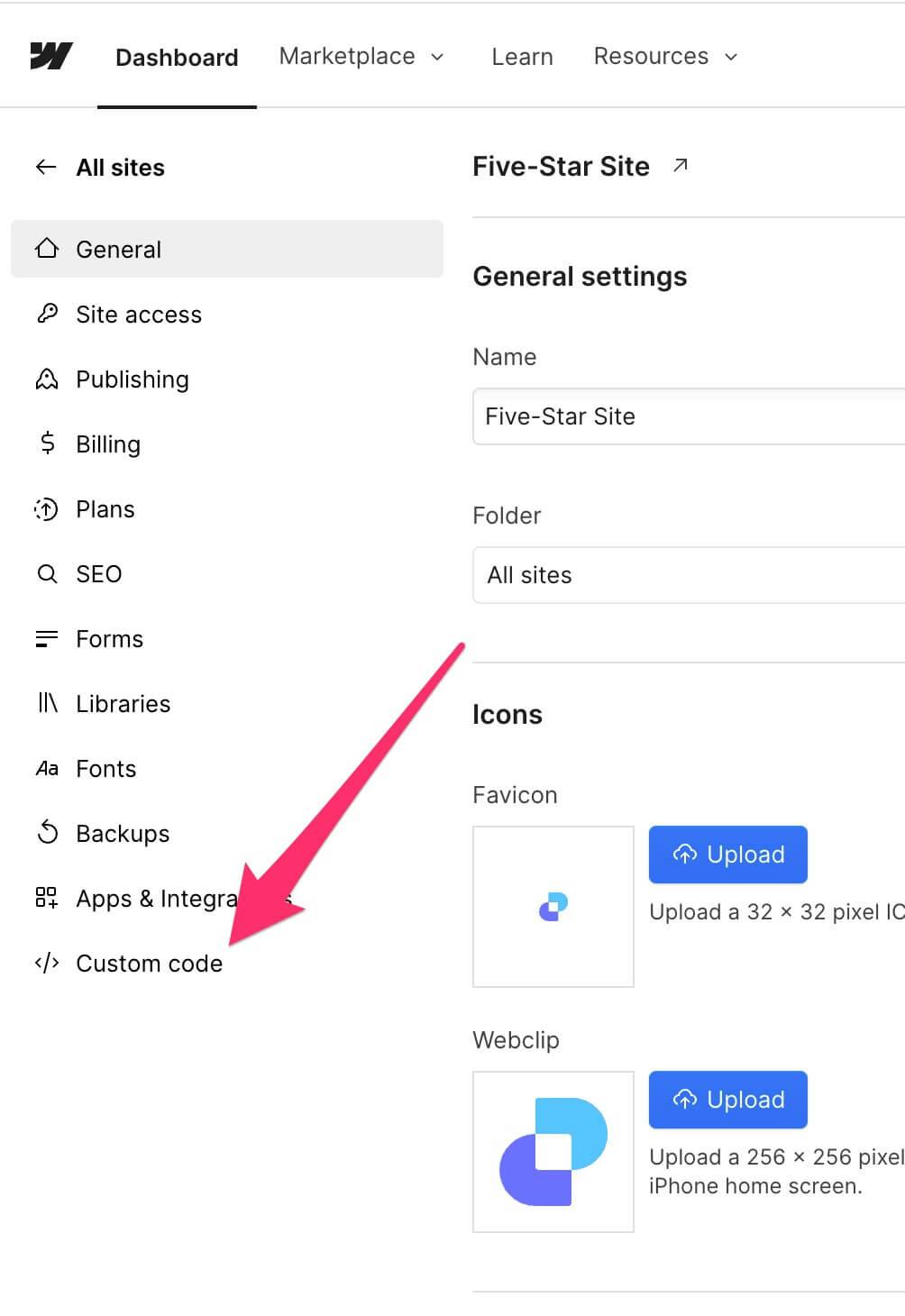 Open webflow custom code settings