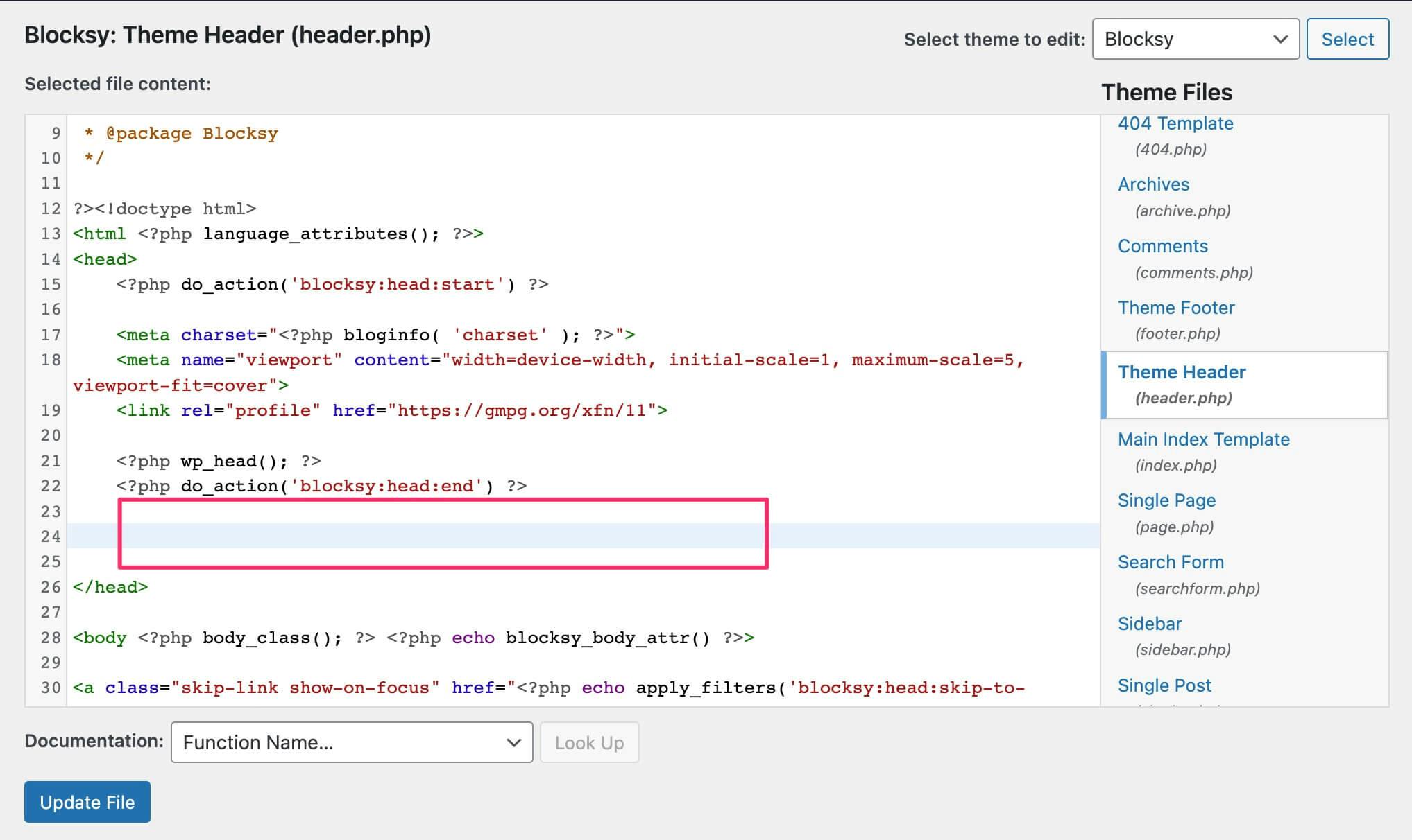 Embed code in header