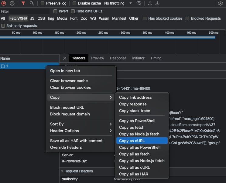 Chrome DevTools network panel with the opened "Copy as cURL" action