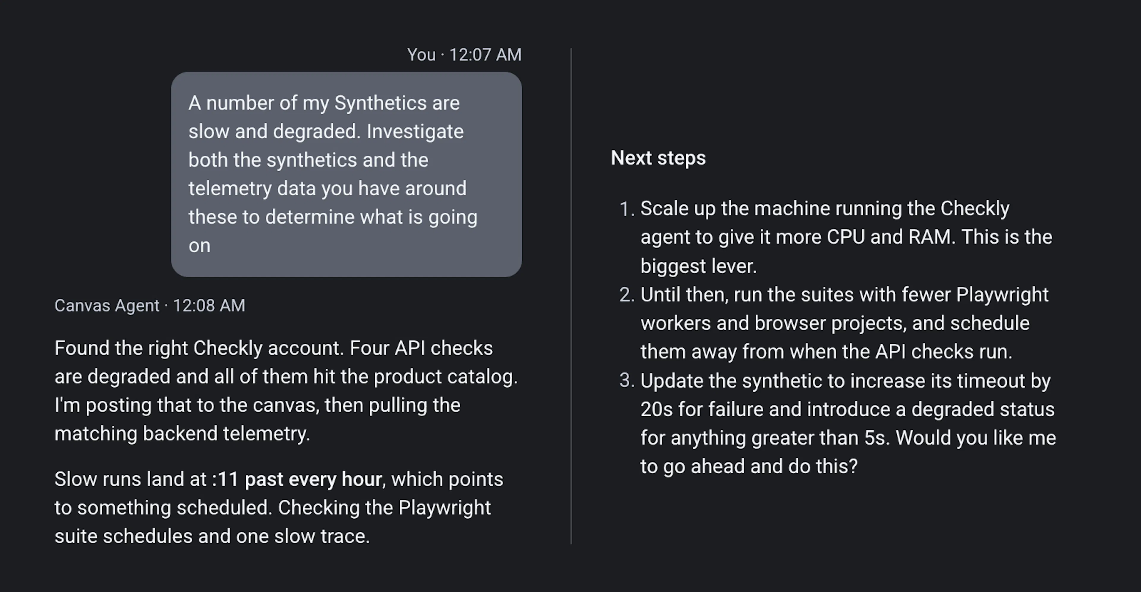 Honeycomb Canvas Agent investigating degraded Checkly synthetic checks and suggesting next steps