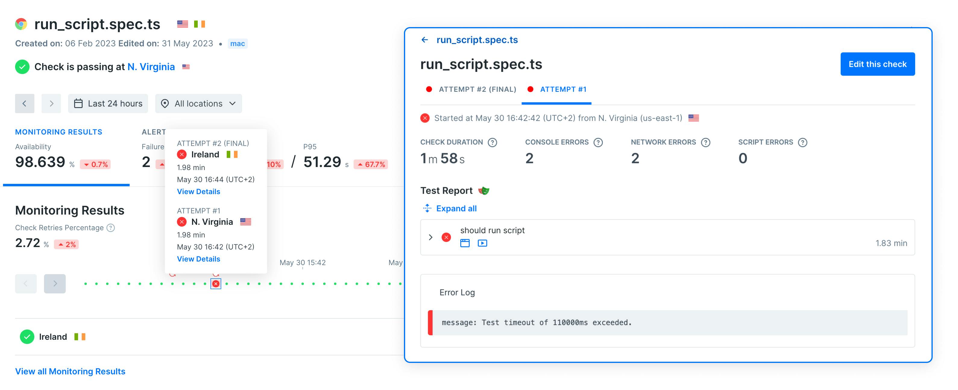 Checkly UI showing the check results with retry insights.