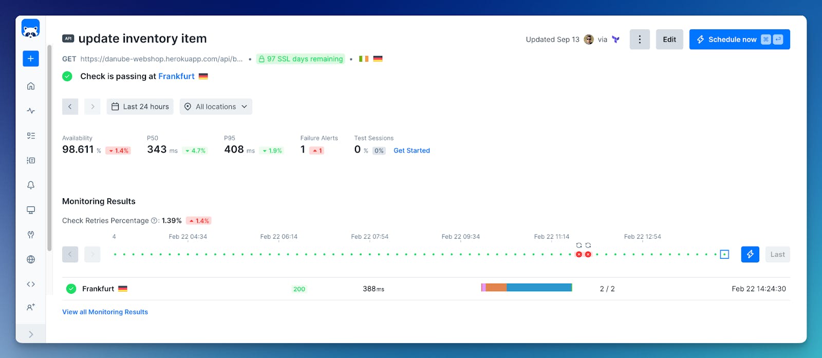 A screenshot of the Checkly UI that shows the screen where you monitor your API checks