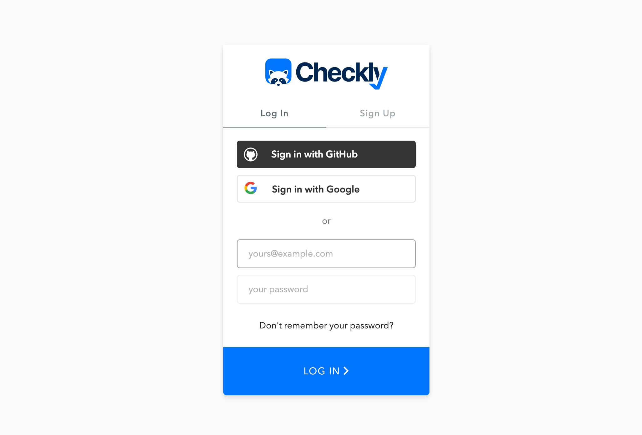 Checkly Login Screen