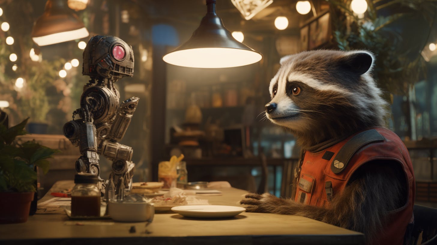 A raccoon talking to a robot sitting at a table