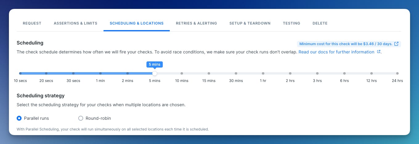 Checkly's UI of parallel scheduling showing scheduling & locations tab with parallel runs option turned on