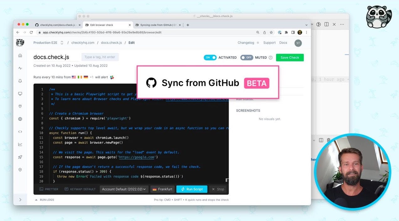 Stefan next to Checkly UI with a highlighted "Sync from GitHub" button