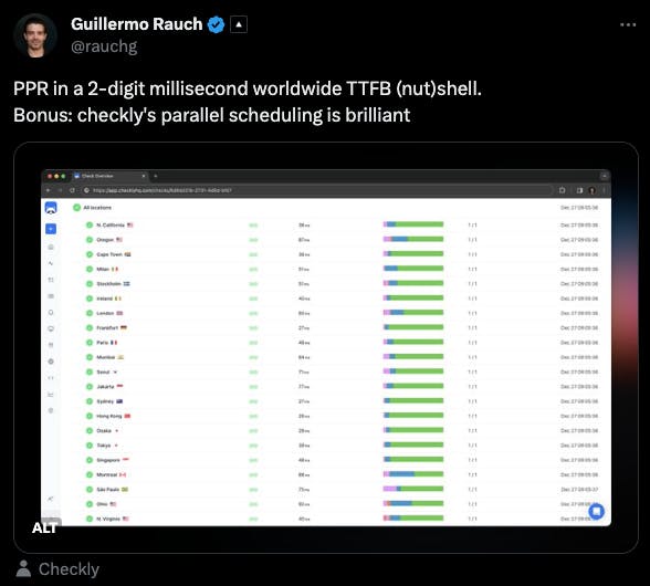 Screenshot from Guillermo Rauch's twitter post showing Checkly's parallel shceduling user interface