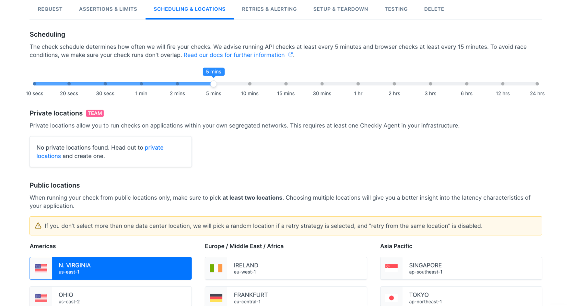 API Check config screen allowing to define a schedule and location