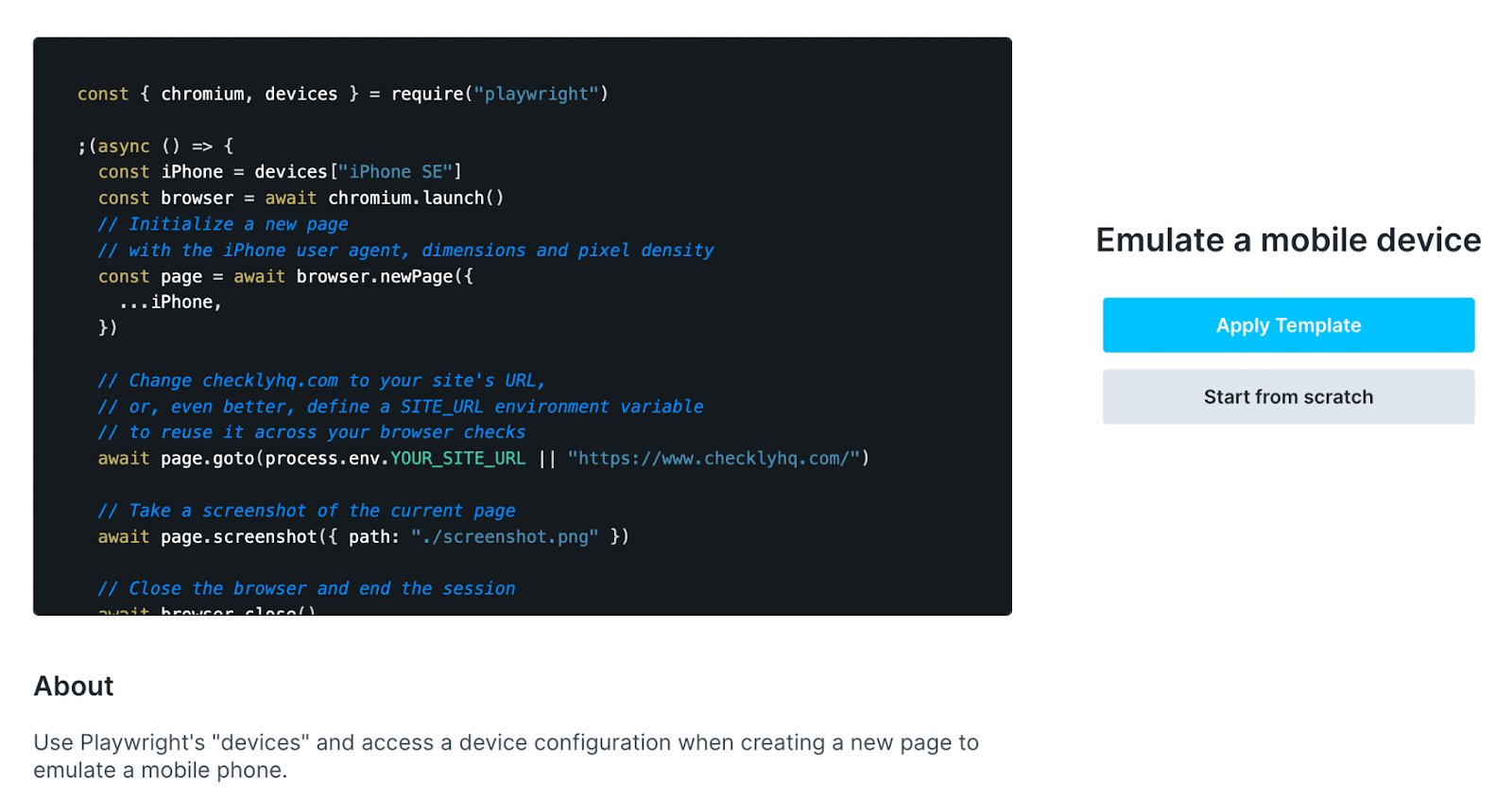 Checkly UI showing a new Browser Check template.