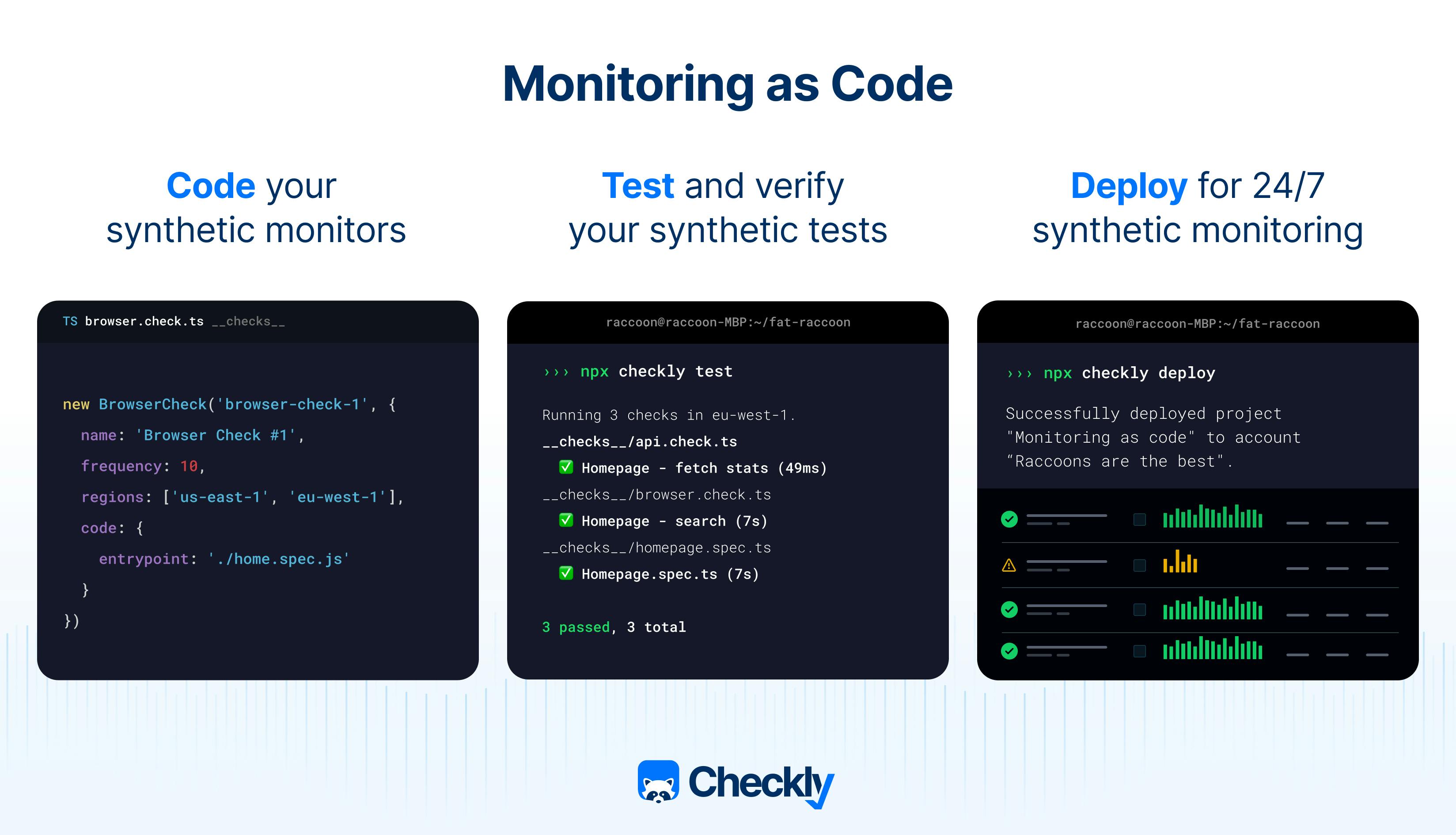Monitoring as code: 1) code your synthetic monitors. 2) test and verify your synthetic tests 3) deploy for 24/7 synthetic monitoring