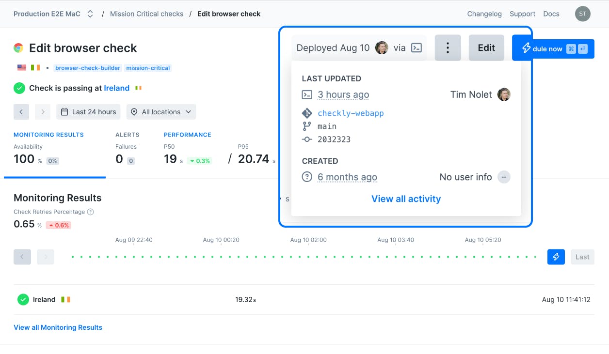 Checkly interface with visible activity log that shows the check creation and update dates.