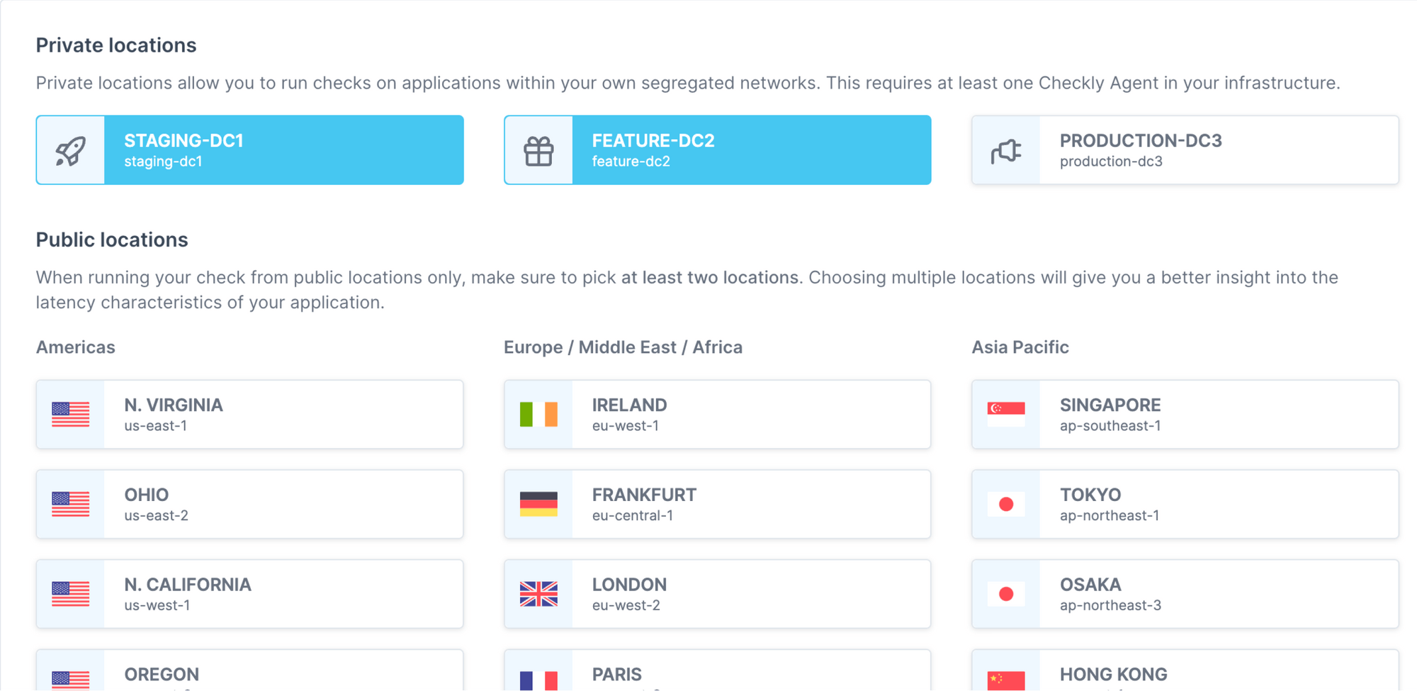 Overview of Checkly locations including three private ones.