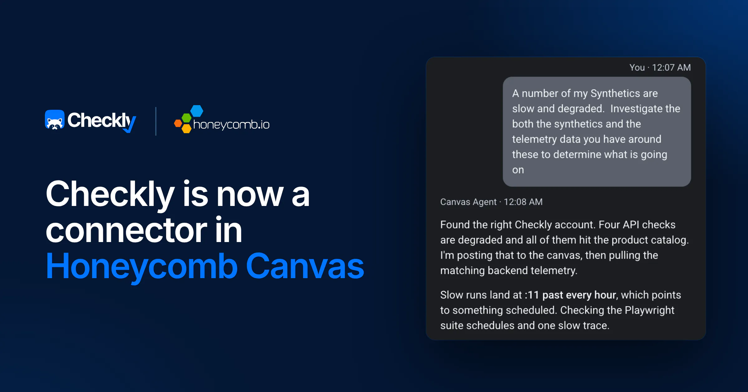 Checkly Is Now a Connector in Honeycomb Canvas