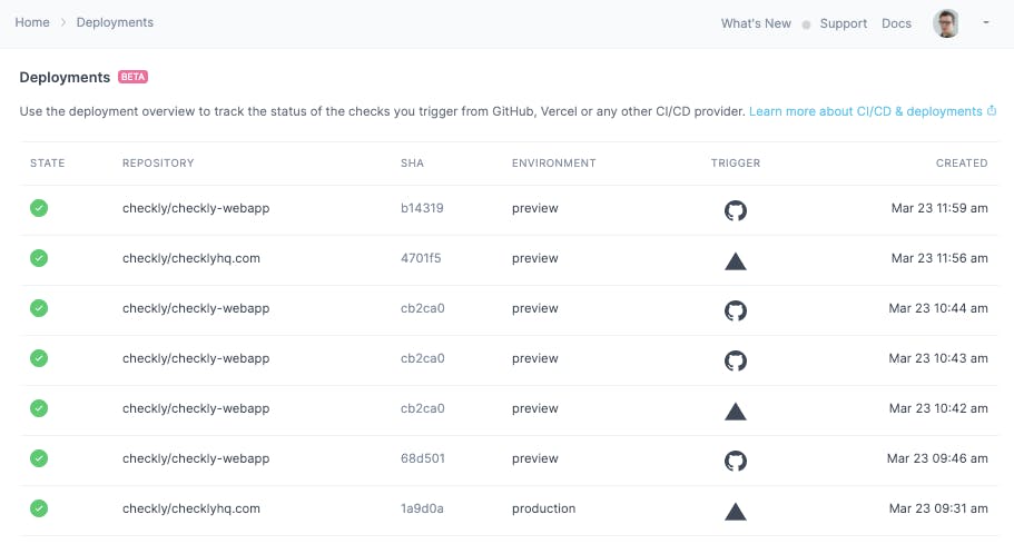 Checkly deployments screen