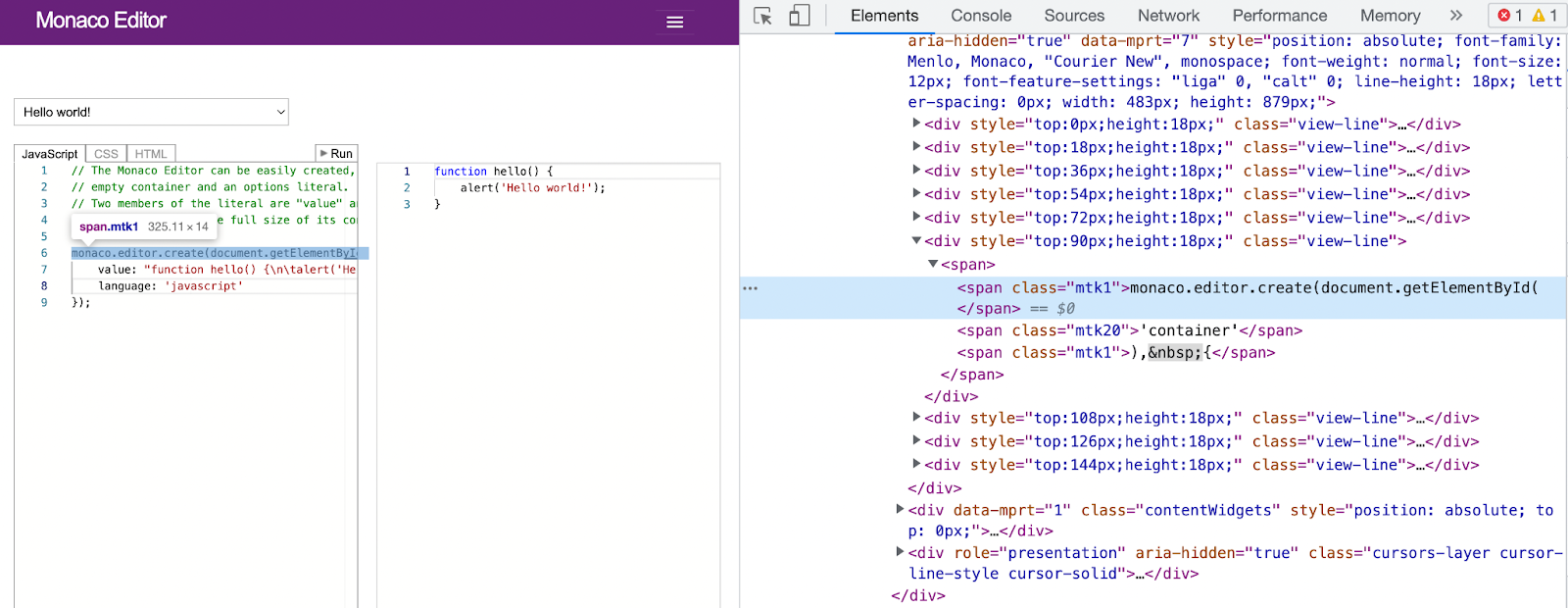 Monaco Code editor inspected with Chrome DevTools