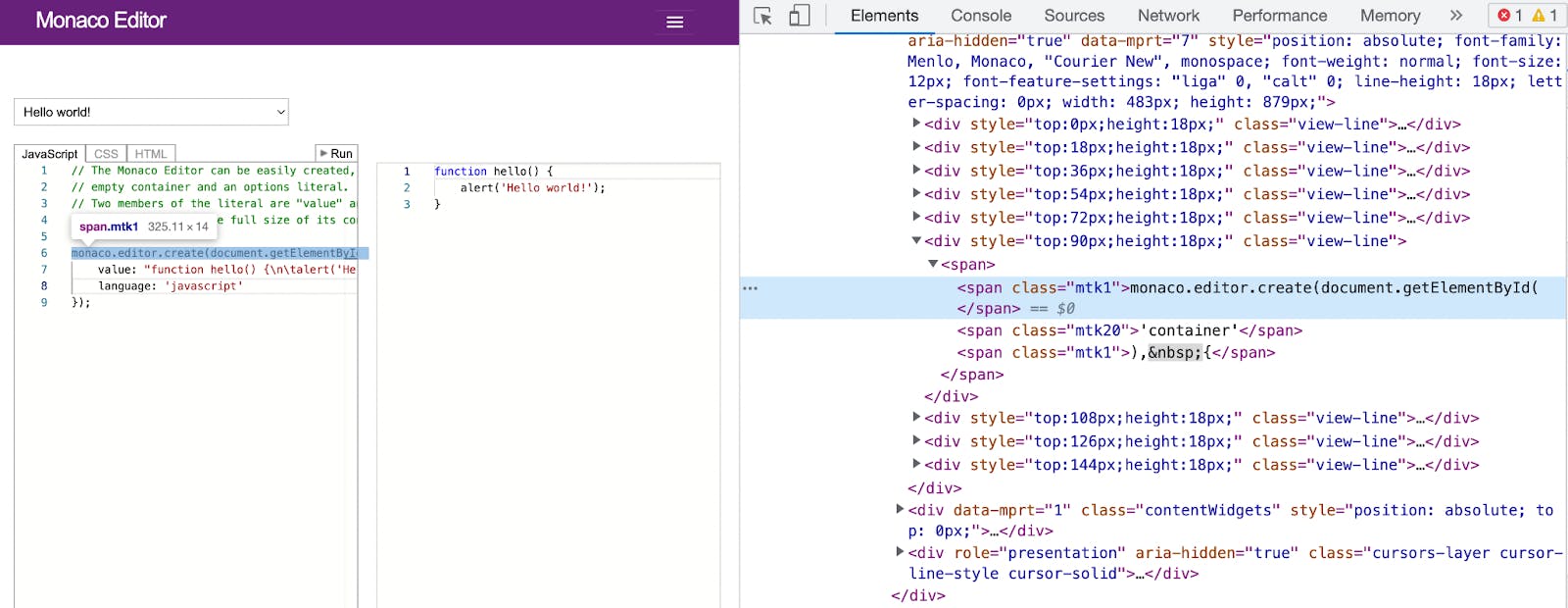 Monaco Code editor inspected with Chrome DevTools