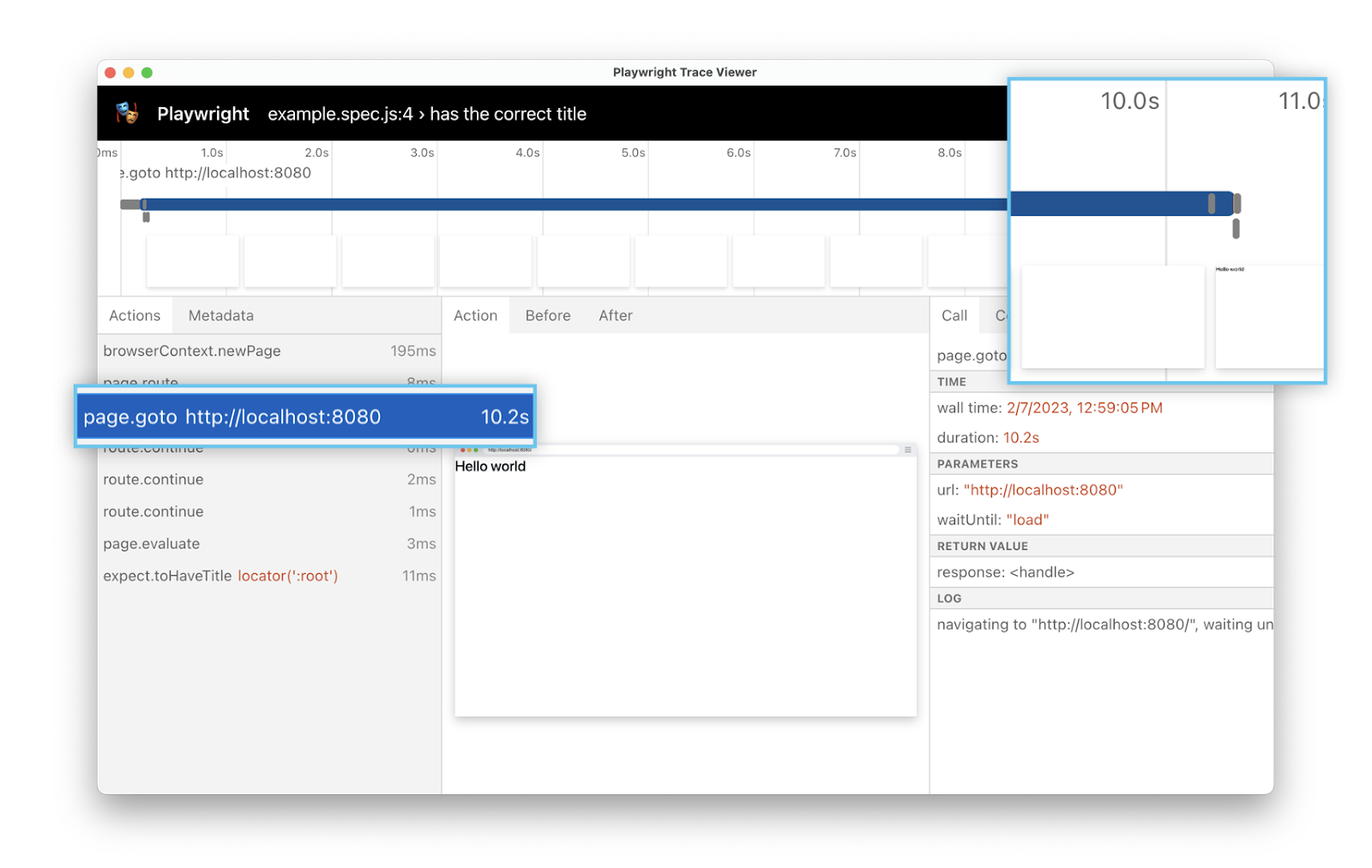 Playwright Trace showing a page.goto call taking 10s