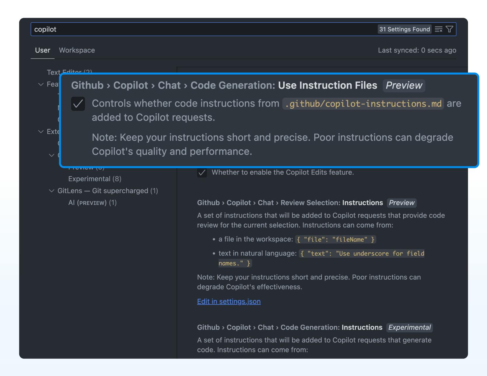 VS Code copilot setting to add custom instructions to your LLM prompts.