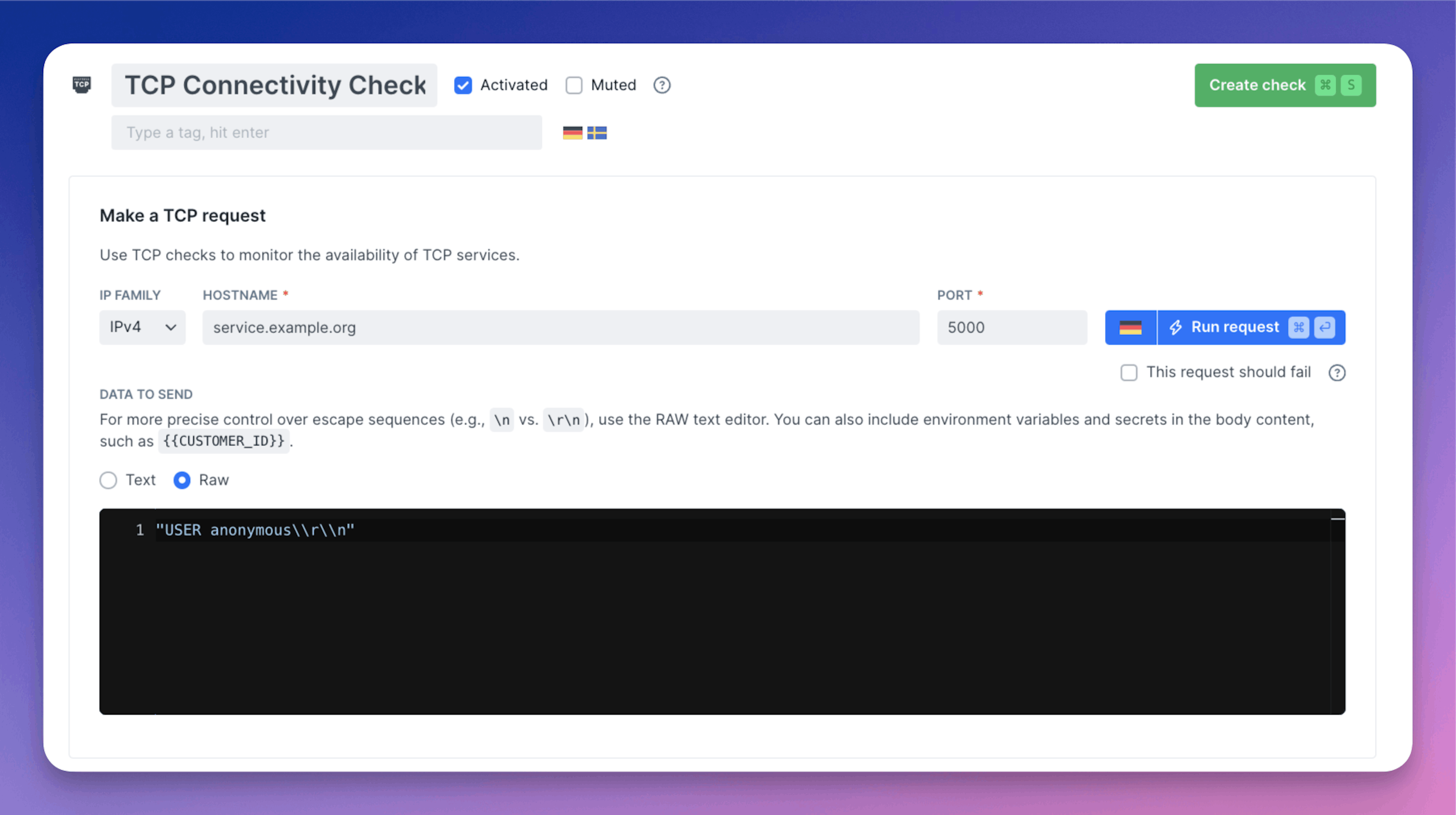 screenshot of a tcp check with Checkly