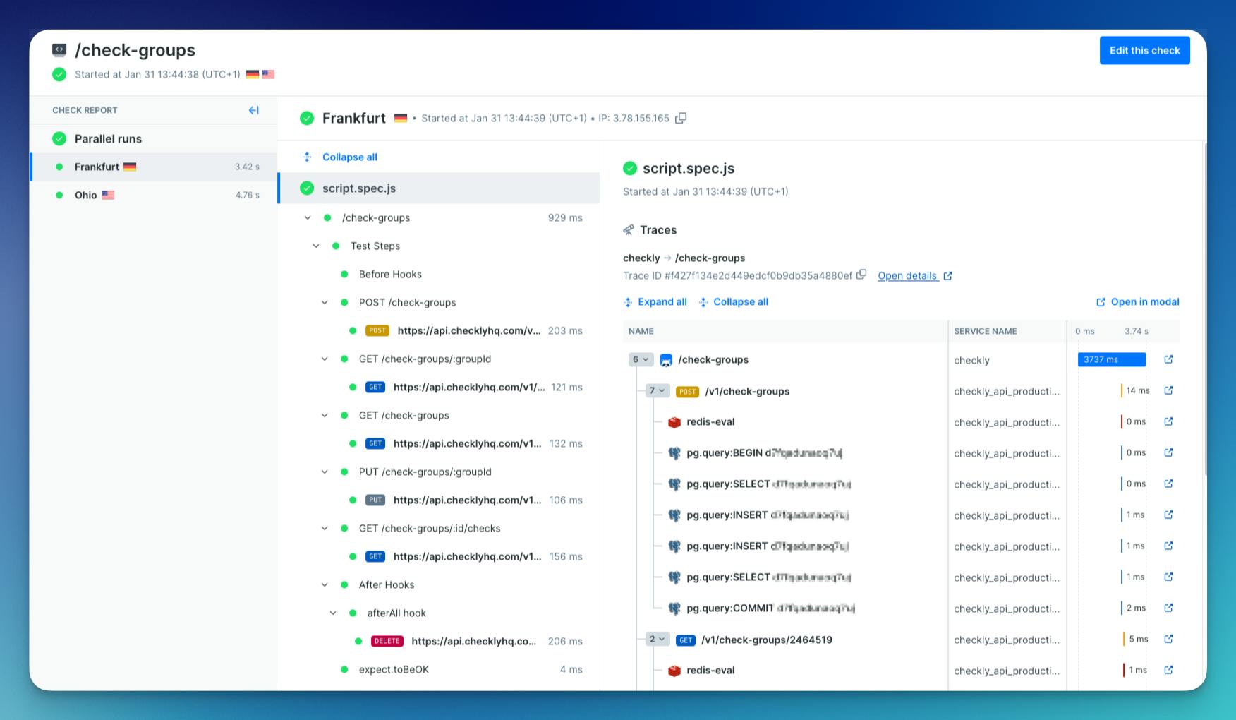 a check in the checkly dashboard with traces